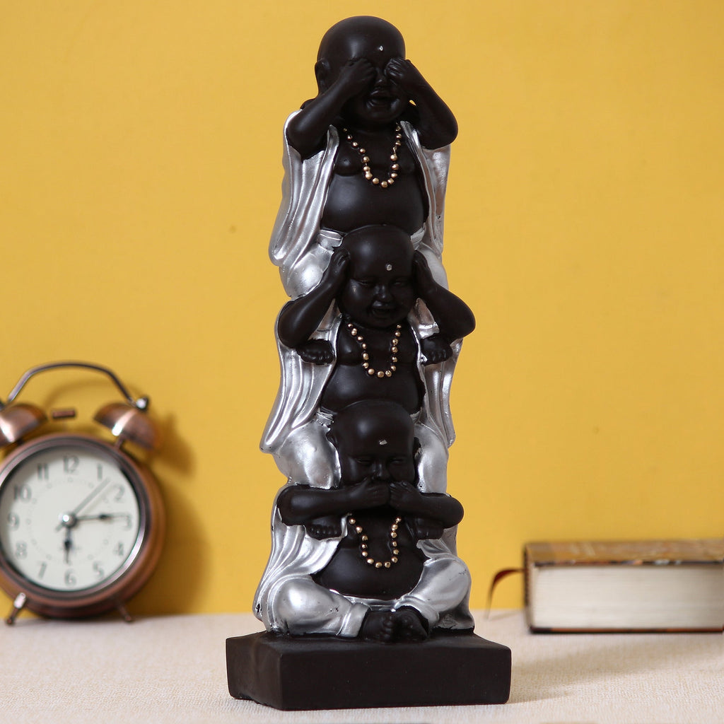 Polyresin Silver and Black Set of 3 Laughing Buddha Idol Standing on each other Decorative Showpiece Kafalo