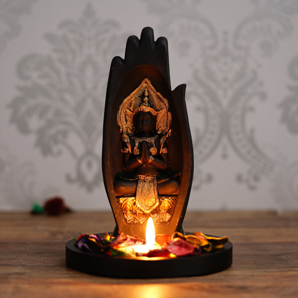 Meditating Buddha Idol Under Palm Decorative Showpiece With Wooden Base, Fragranced Petals, Tealight Holder Kafalo
