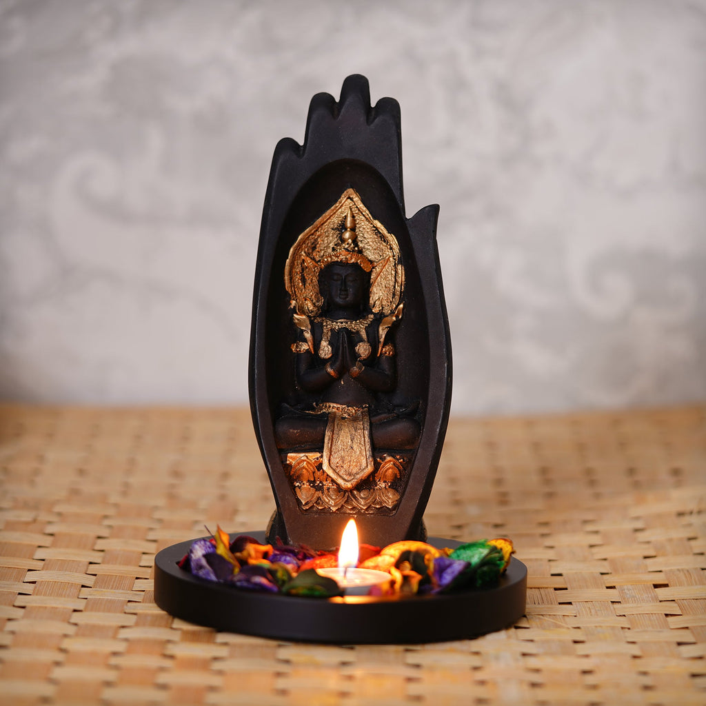 Meditating Buddha Idol Under Palm Decorative Showpiece With Wooden Base, Fragranced Petals, Tealight Holder Kafalo