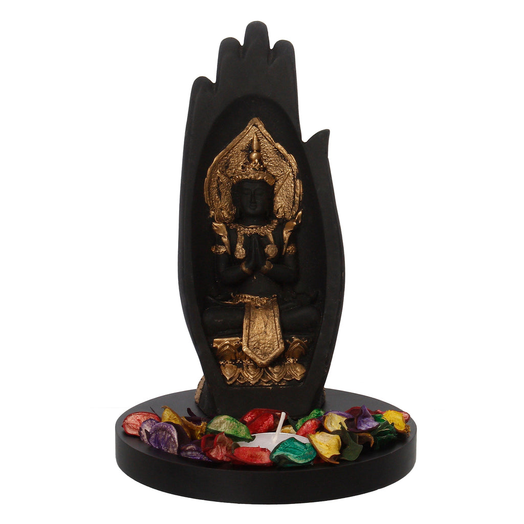 Meditating Buddha Idol Under Palm Decorative Showpiece With Wooden Base, Fragranced Petals, Tealight Holder Kafalo