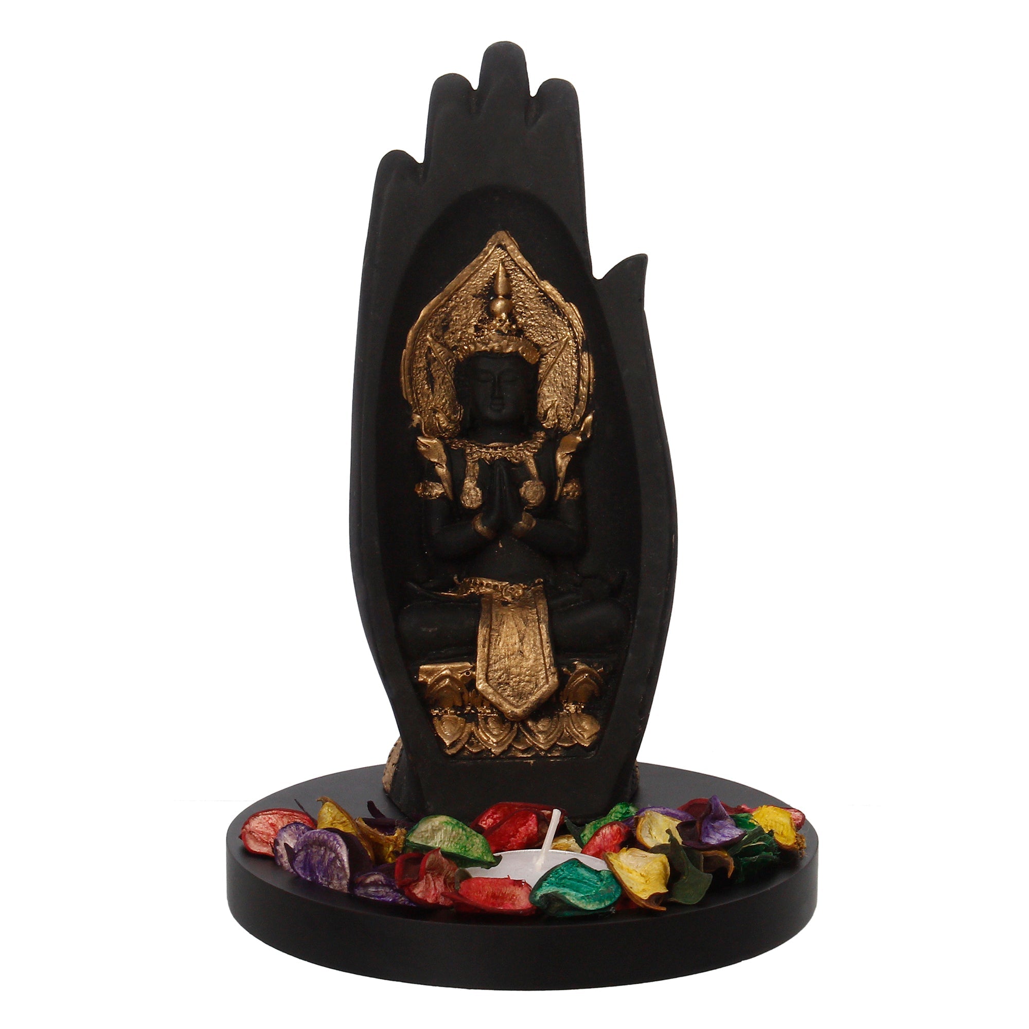 Meditating Buddha Idol Under Palm Decorative Showpiece With Wooden Base, Fragranced Petals, Tealight Holder Kafalo
