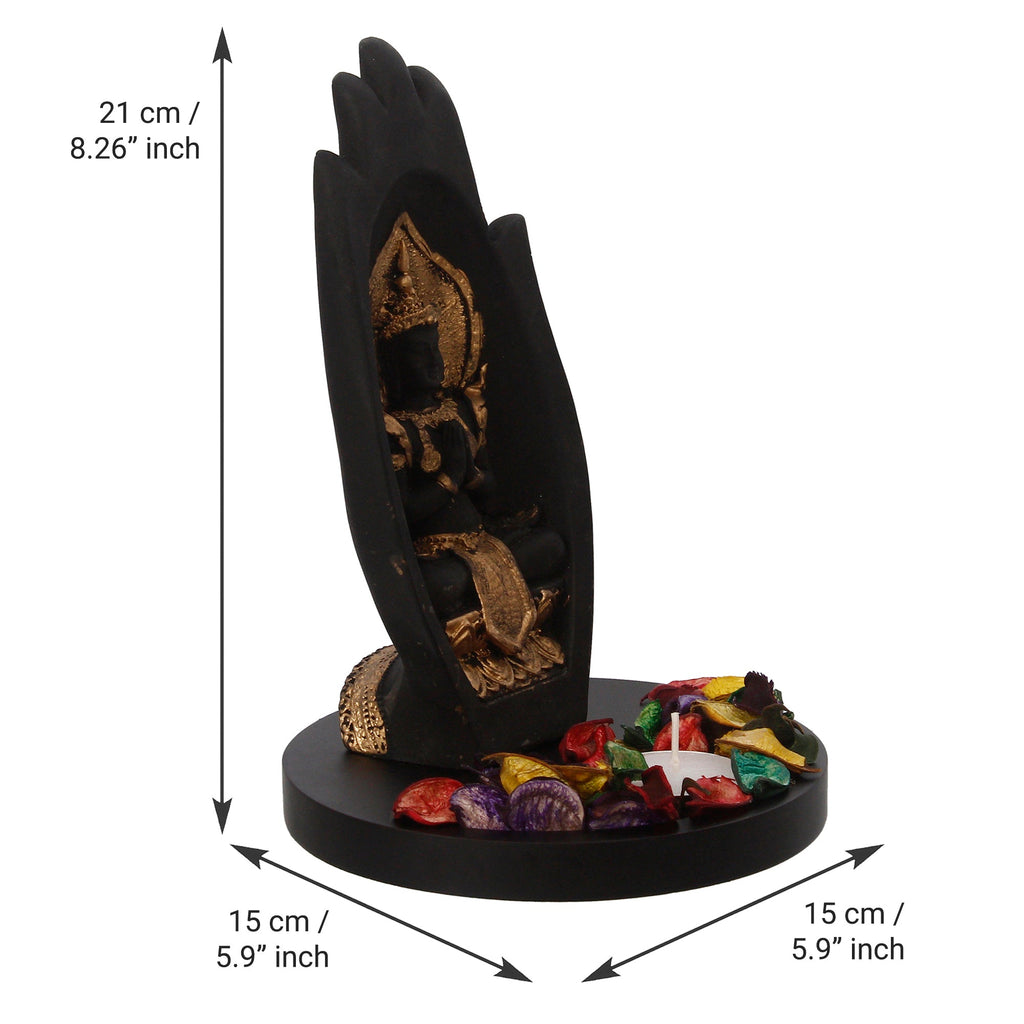 Meditating Buddha Idol Under Palm Decorative Showpiece With Wooden Base, Fragranced Petals, Tealight Holder Kafalo