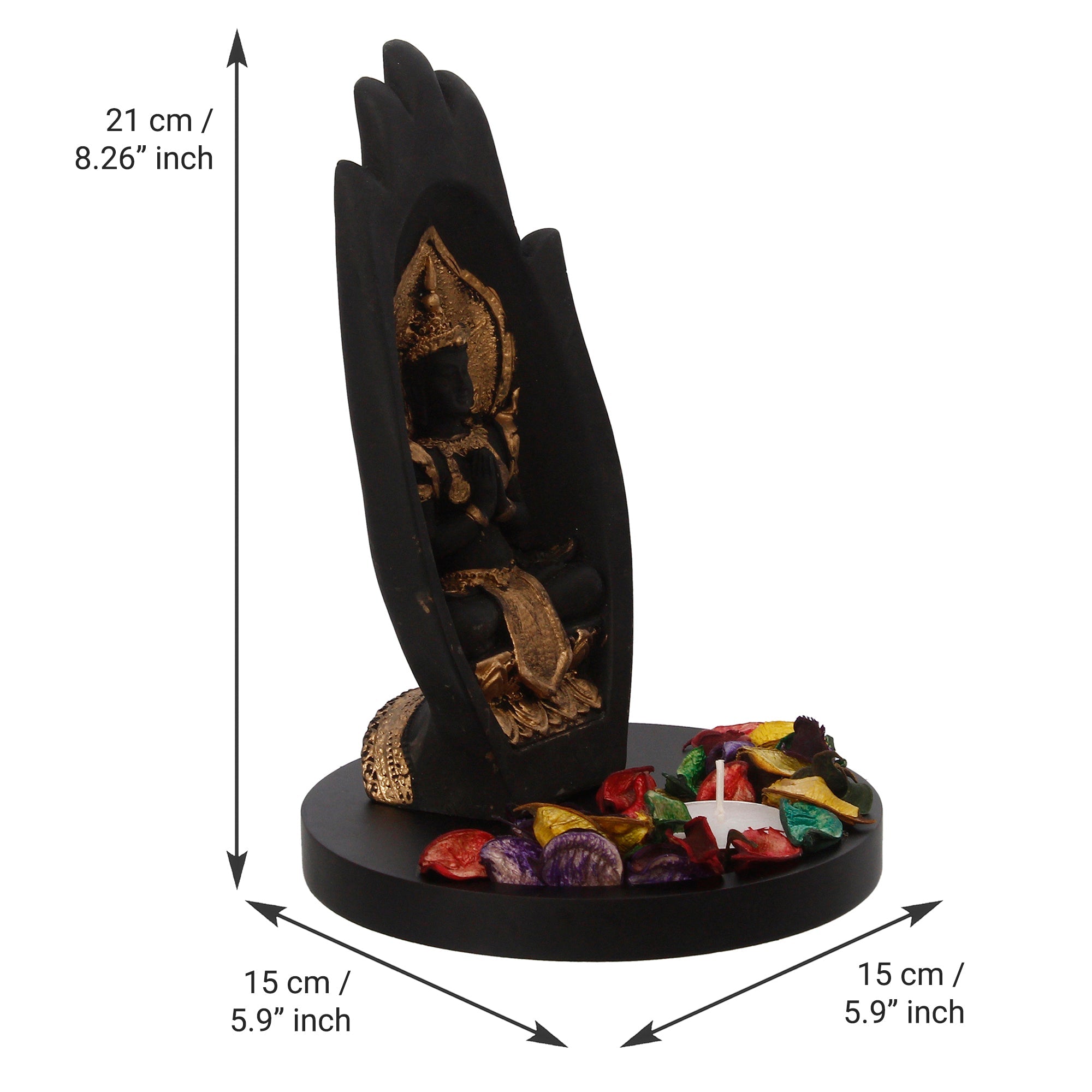 Meditating Buddha Idol Under Palm Decorative Showpiece With Wooden Base, Fragranced Petals, Tealight Holder Kafalo