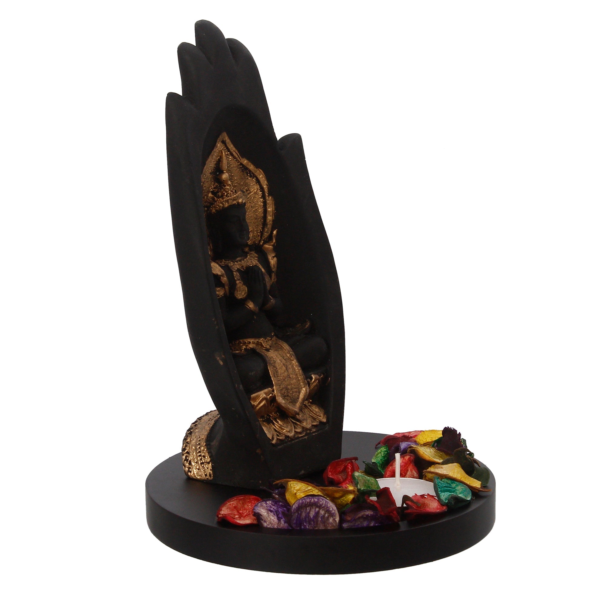 Meditating Buddha Idol Under Palm Decorative Showpiece With Wooden Base, Fragranced Petals, Tealight Holder Kafalo