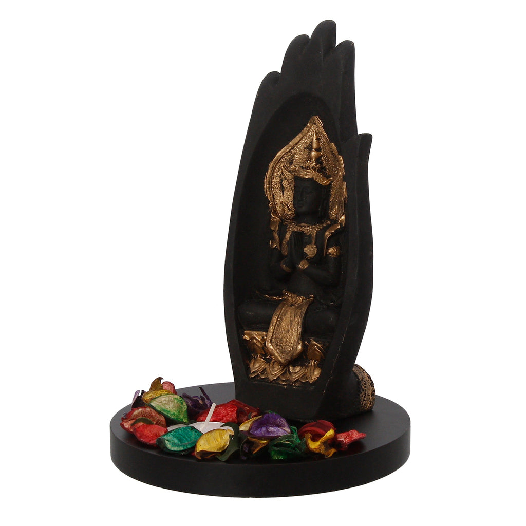 Meditating Buddha Idol Under Palm Decorative Showpiece With Wooden Base, Fragranced Petals, Tealight Holder Kafalo