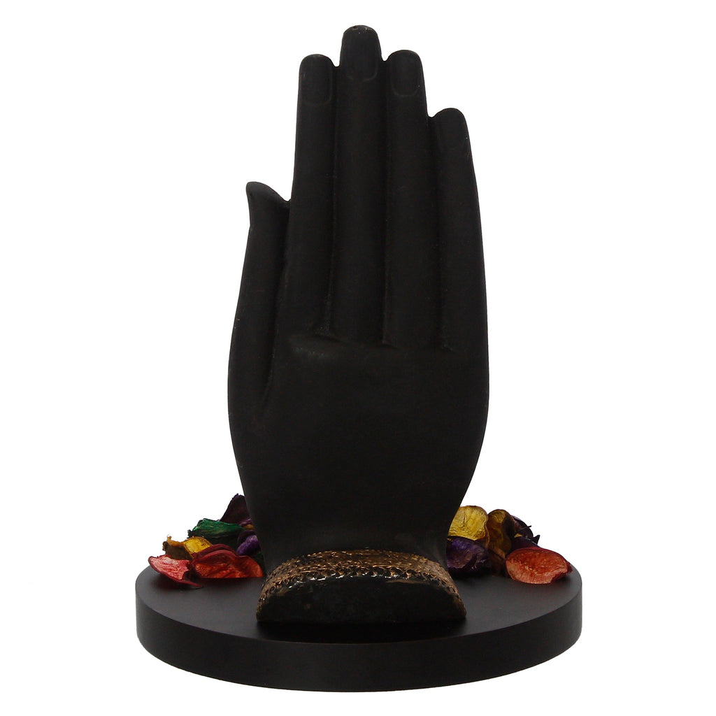 Meditating Buddha Idol Under Palm Decorative Showpiece With Wooden Base, Fragranced Petals, Tealight Holder Kafalo