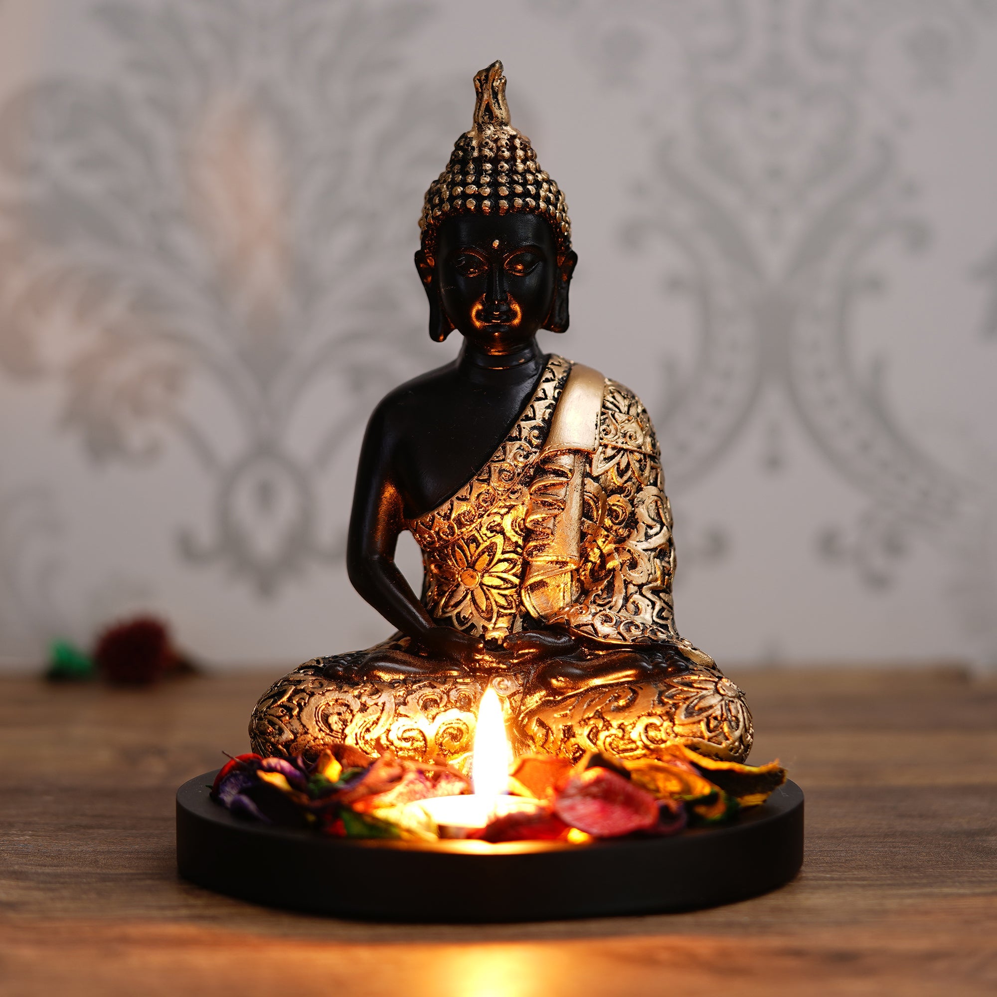 Handcrafted Meditating Golden Buddha Statue with Wooden Base, Fragranced Petals and Tealight Kafalo