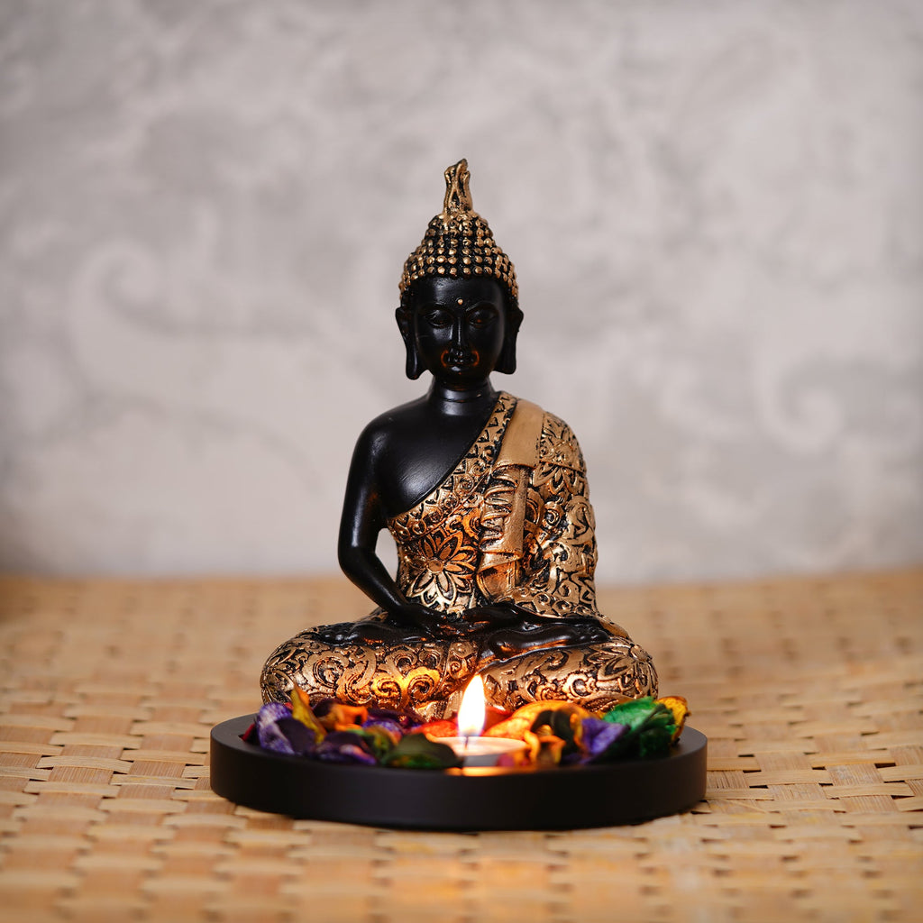 Handcrafted Meditating Golden Buddha Statue with Wooden Base, Fragranced Petals and Tealight Kafalo