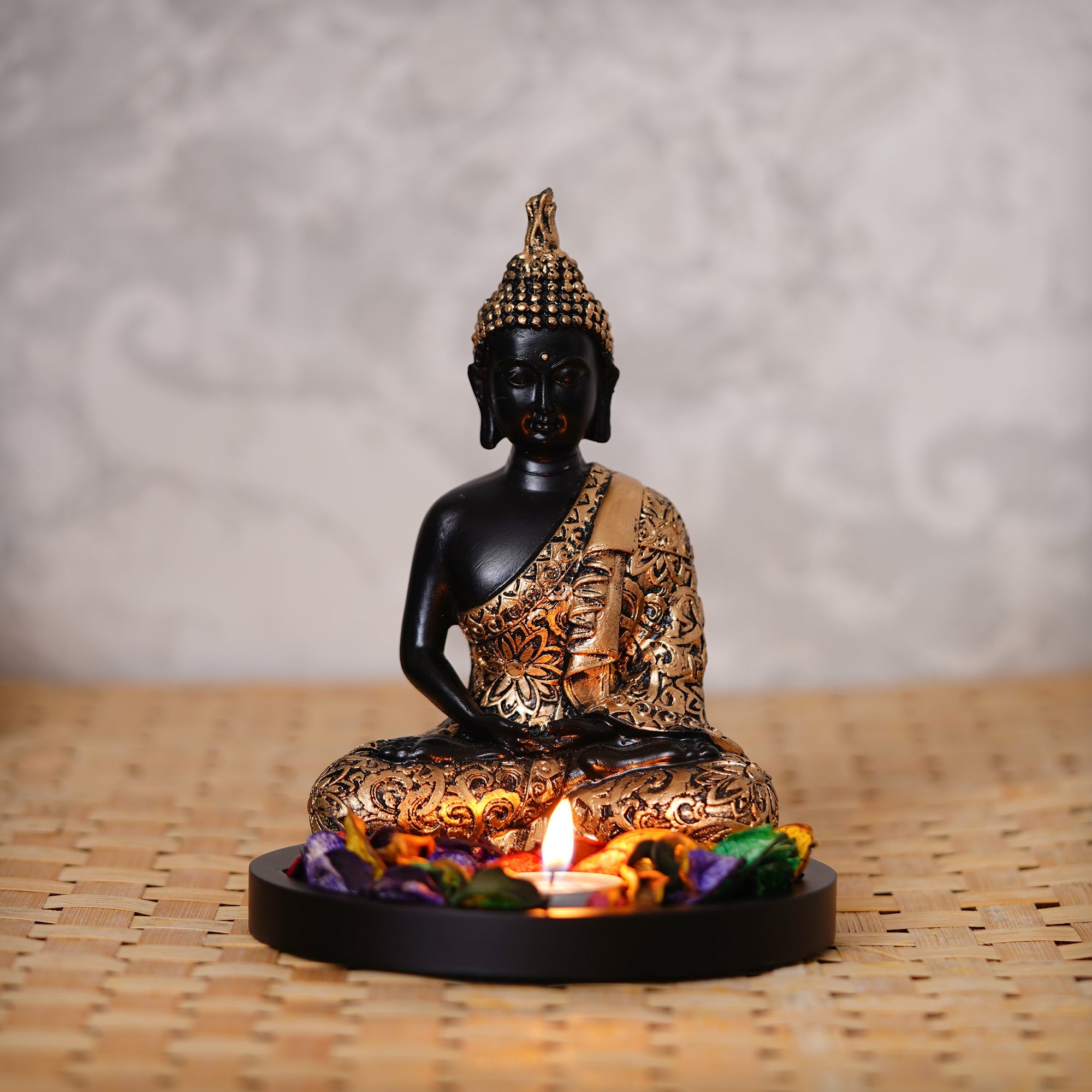 Handcrafted Meditating Golden Buddha Statue with Wooden Base, Fragranced Petals and Tealight Kafalo