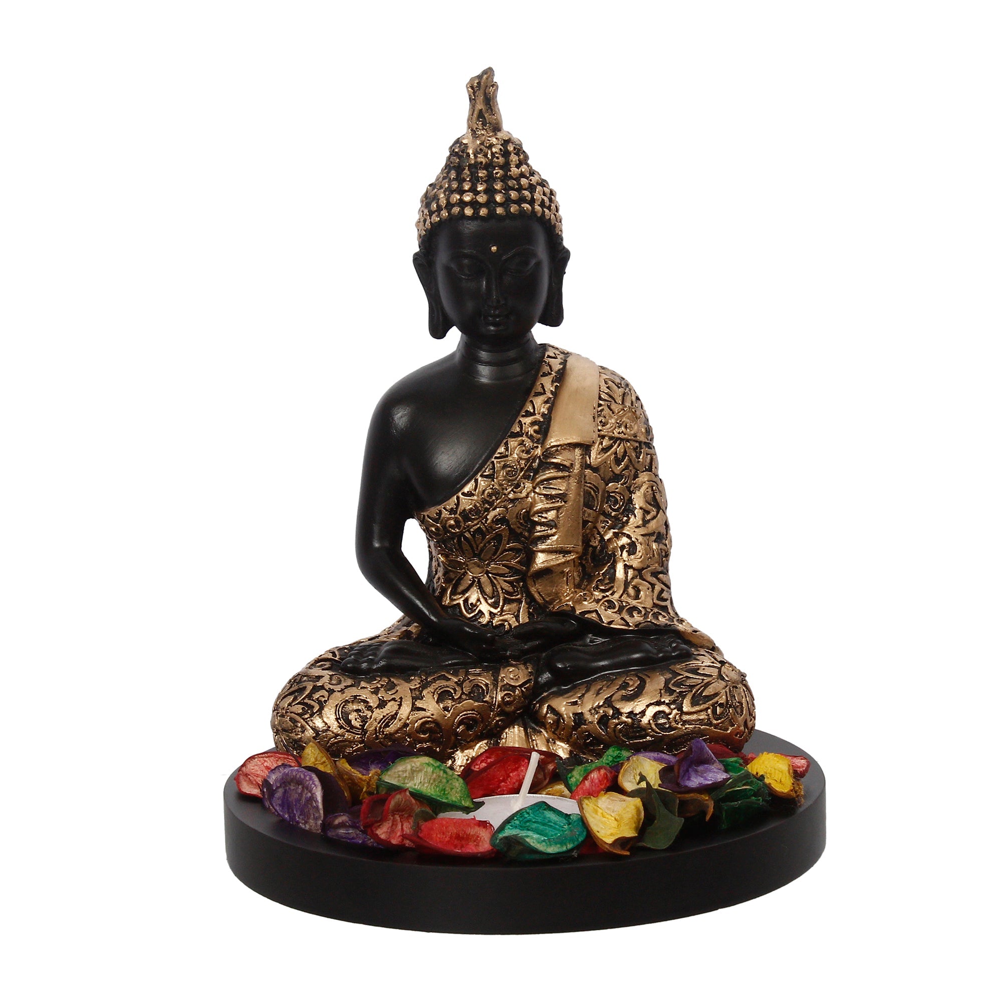 Handcrafted Meditating Golden Buddha Statue with Wooden Base, Fragranced Petals and Tealight Kafalo