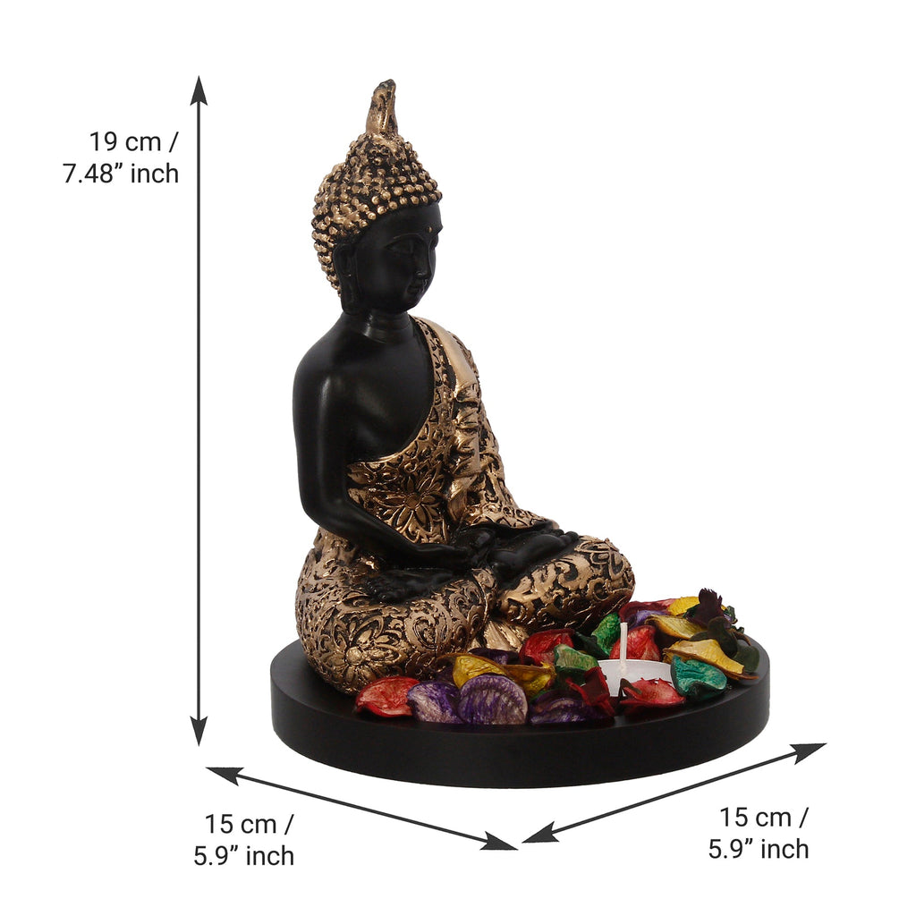 Handcrafted Meditating Golden Buddha Statue with Wooden Base, Fragranced Petals and Tealight Kafalo