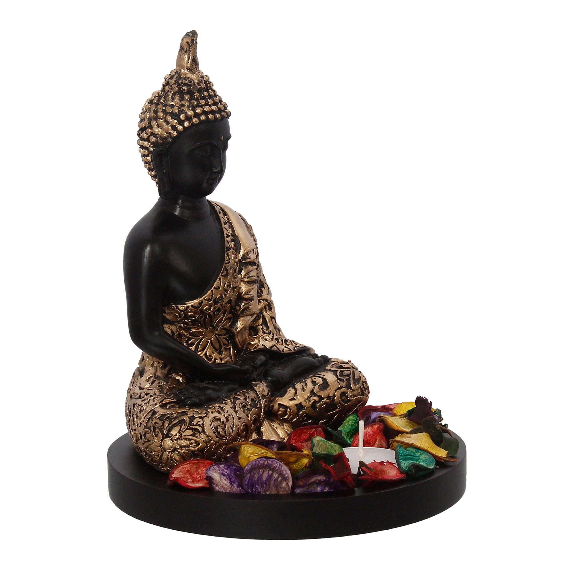 Handcrafted Meditating Golden Buddha Statue with Wooden Base, Fragranced Petals and Tealight Kafalo