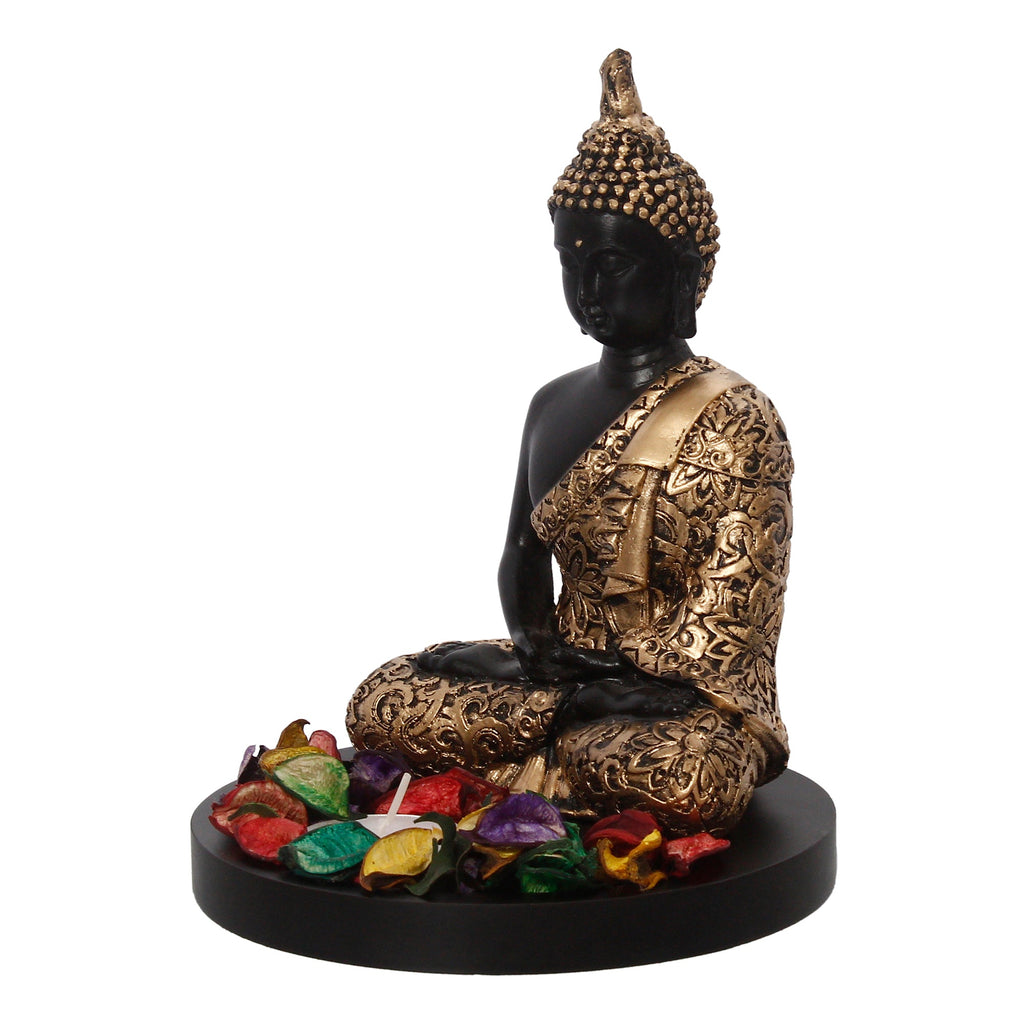 Handcrafted Meditating Golden Buddha Statue with Wooden Base, Fragranced Petals and Tealight Kafalo