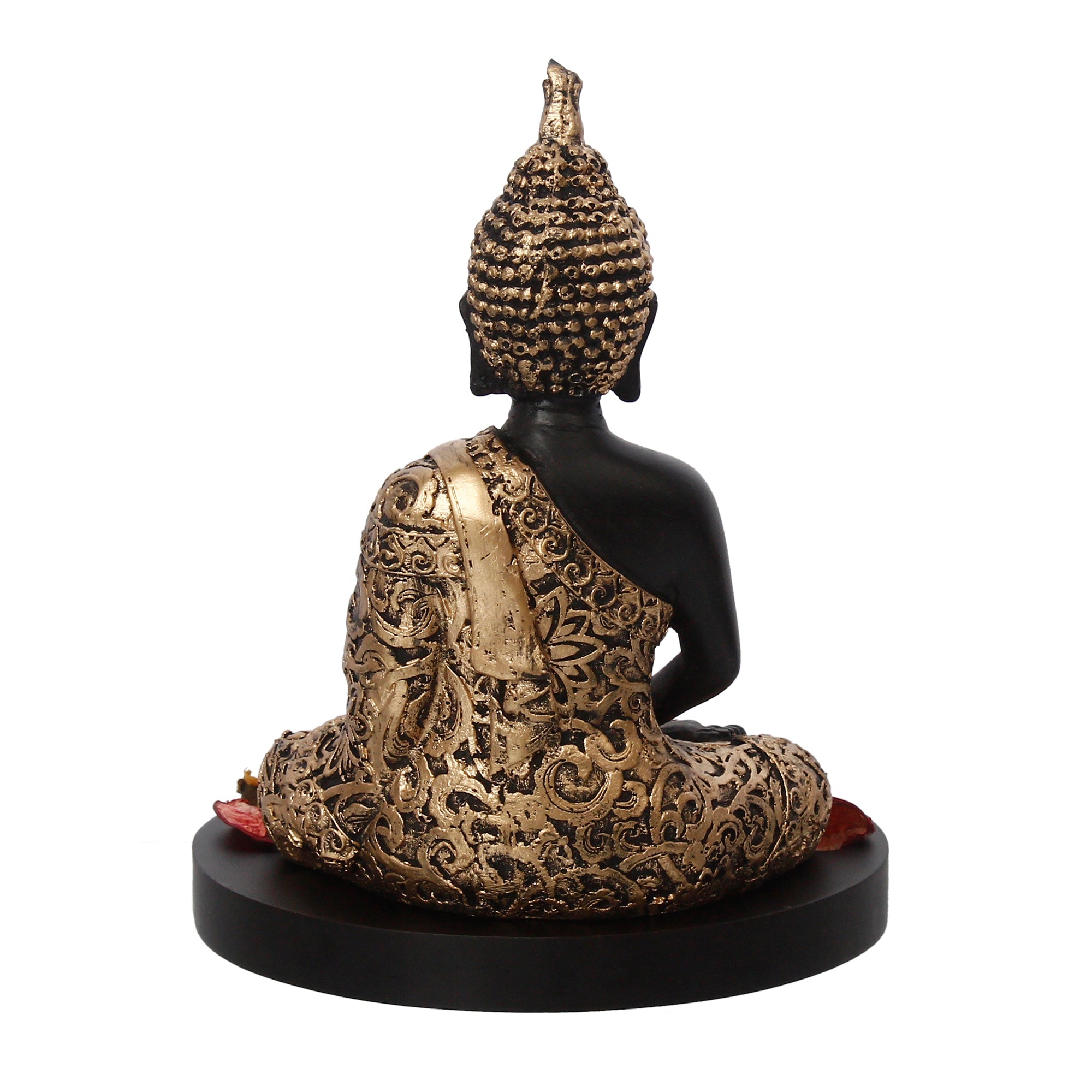 Handcrafted Meditating Golden Buddha Statue with Wooden Base, Fragranced Petals and Tealight Kafalo