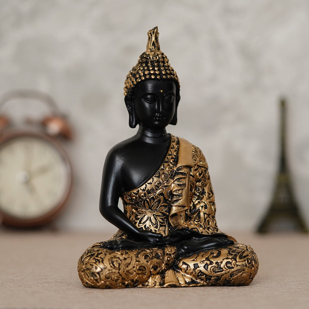 Polyresin Black and Golden Handcrafted Decorative Meditating Buddha Statue Kafalo