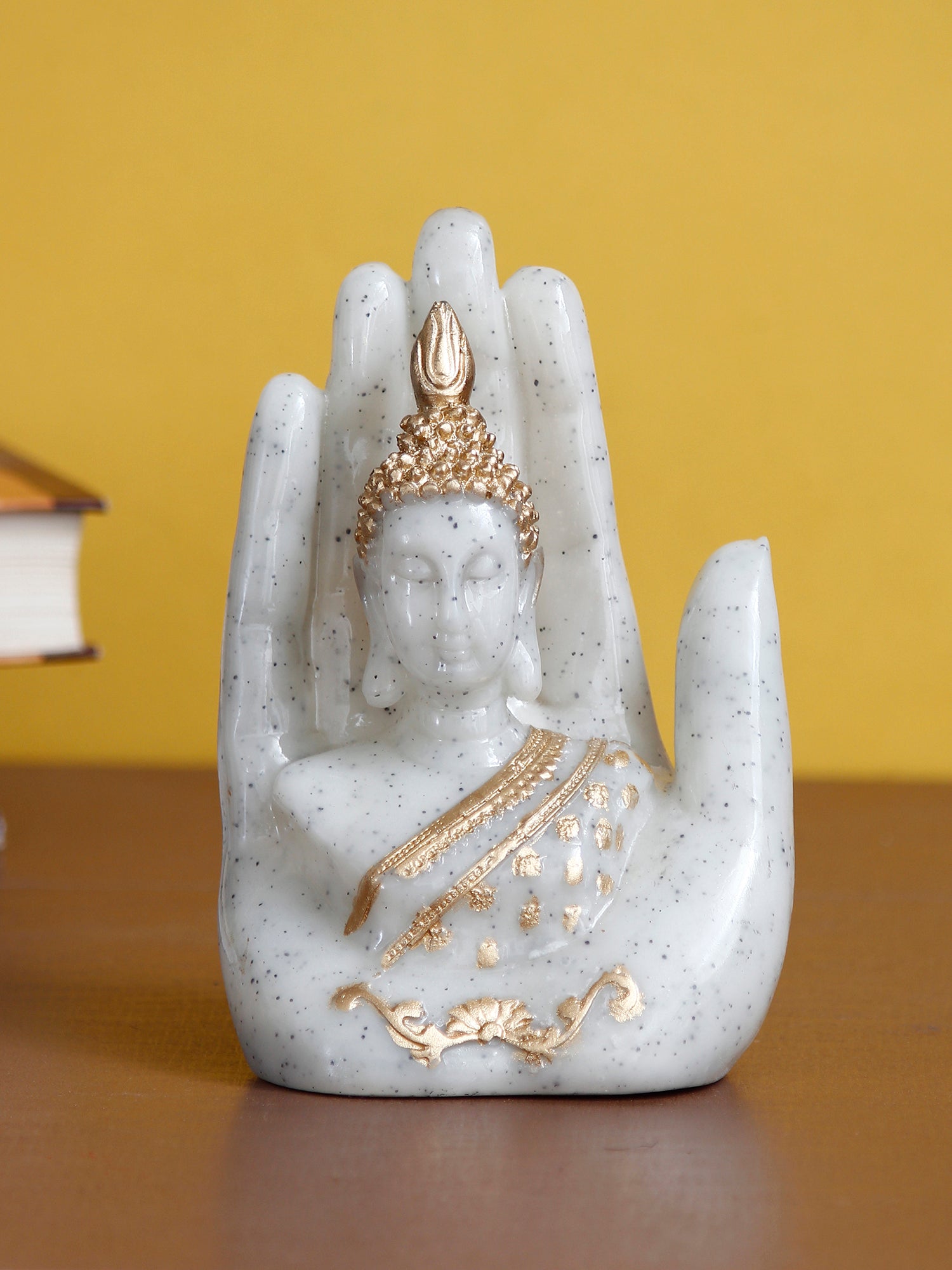 Polyresin Dotted White and Golden Handcrafted Decorative Palm Buddha Statue Kafalo