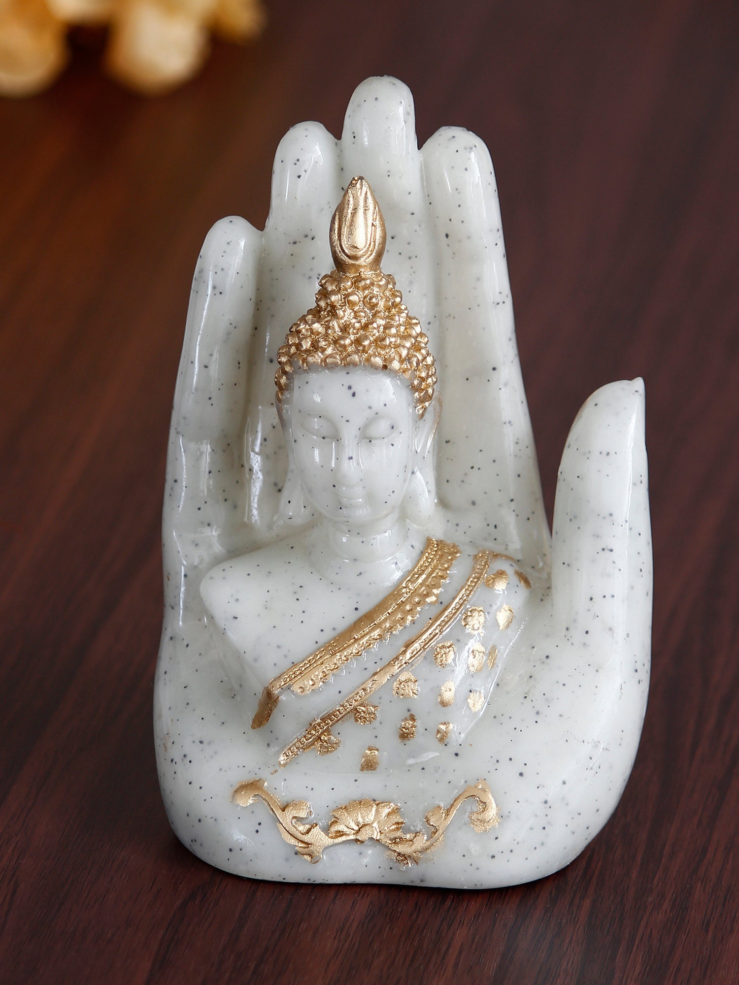 Polyresin Dotted White and Golden Handcrafted Decorative Palm Buddha Statue Kafalo