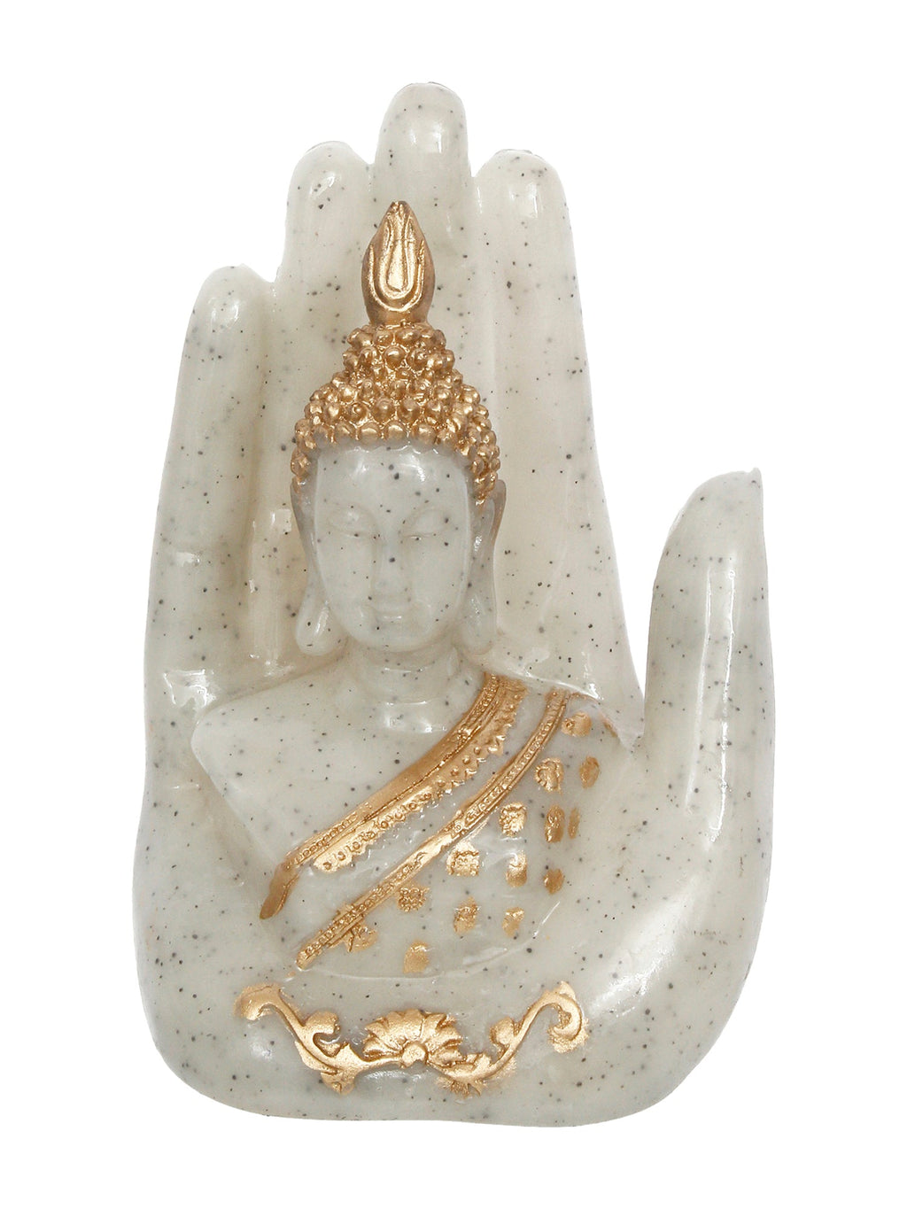 Polyresin Dotted White and Golden Handcrafted Decorative Palm Buddha Statue Kafalo