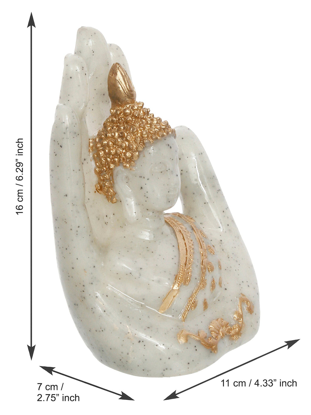Polyresin Dotted White and Golden Handcrafted Decorative Palm Buddha Statue Kafalo