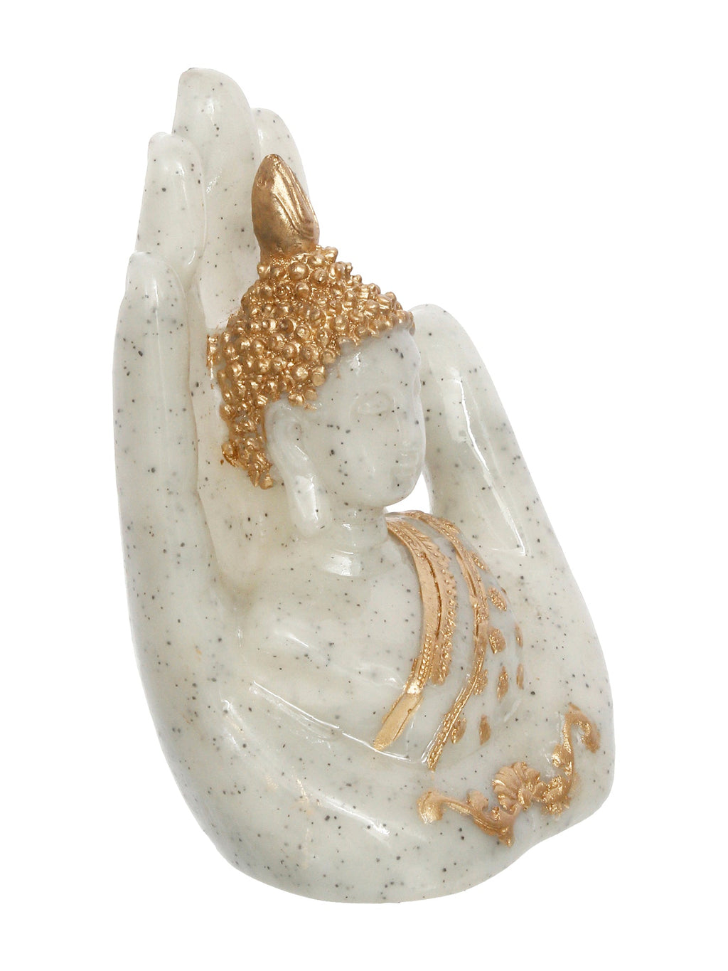 Polyresin Dotted White and Golden Handcrafted Decorative Palm Buddha Statue Kafalo