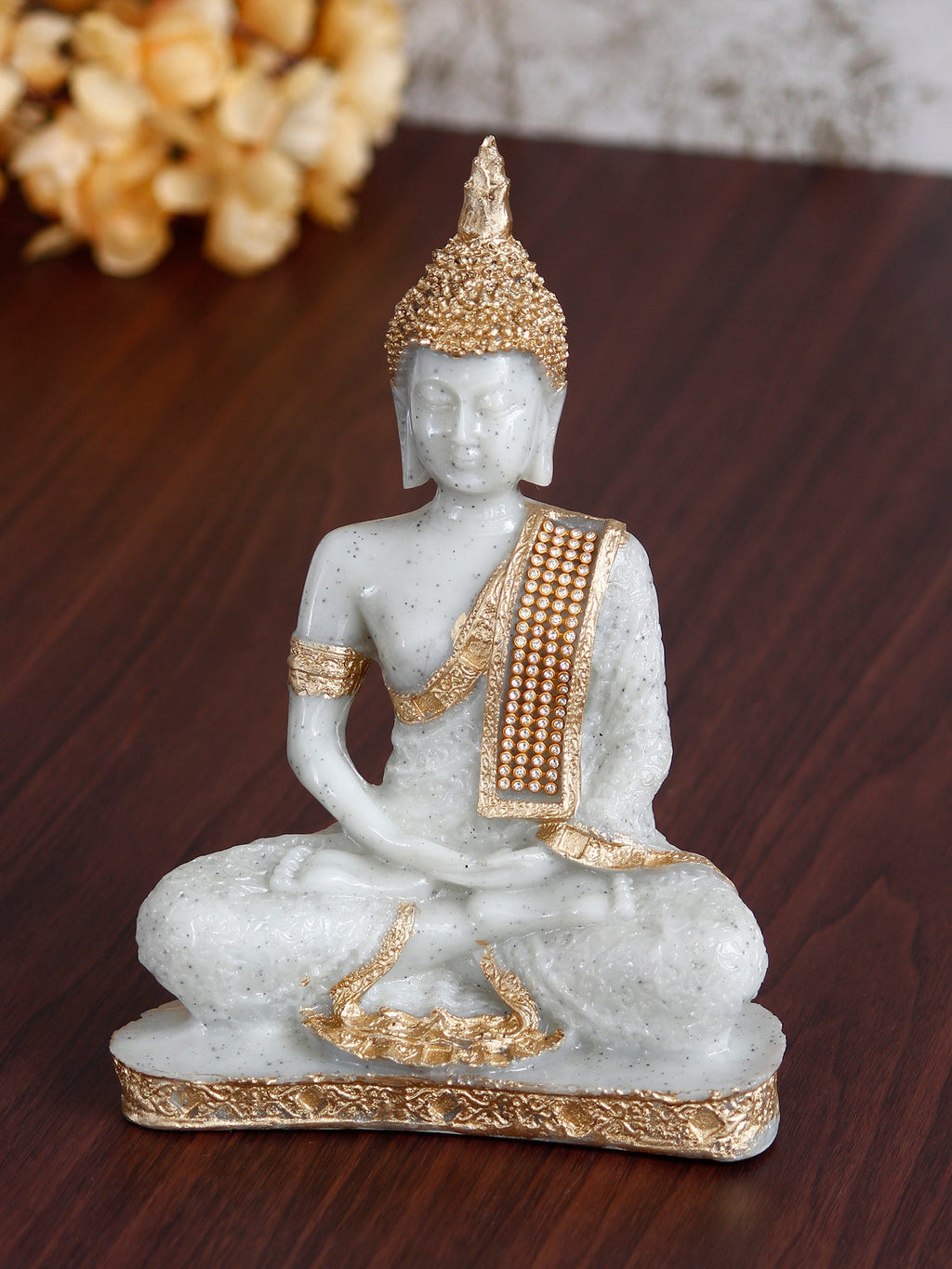 Polyresin Dotted White and Golden Handcrafted Decorative Meditating Buddha Statue Kafalo