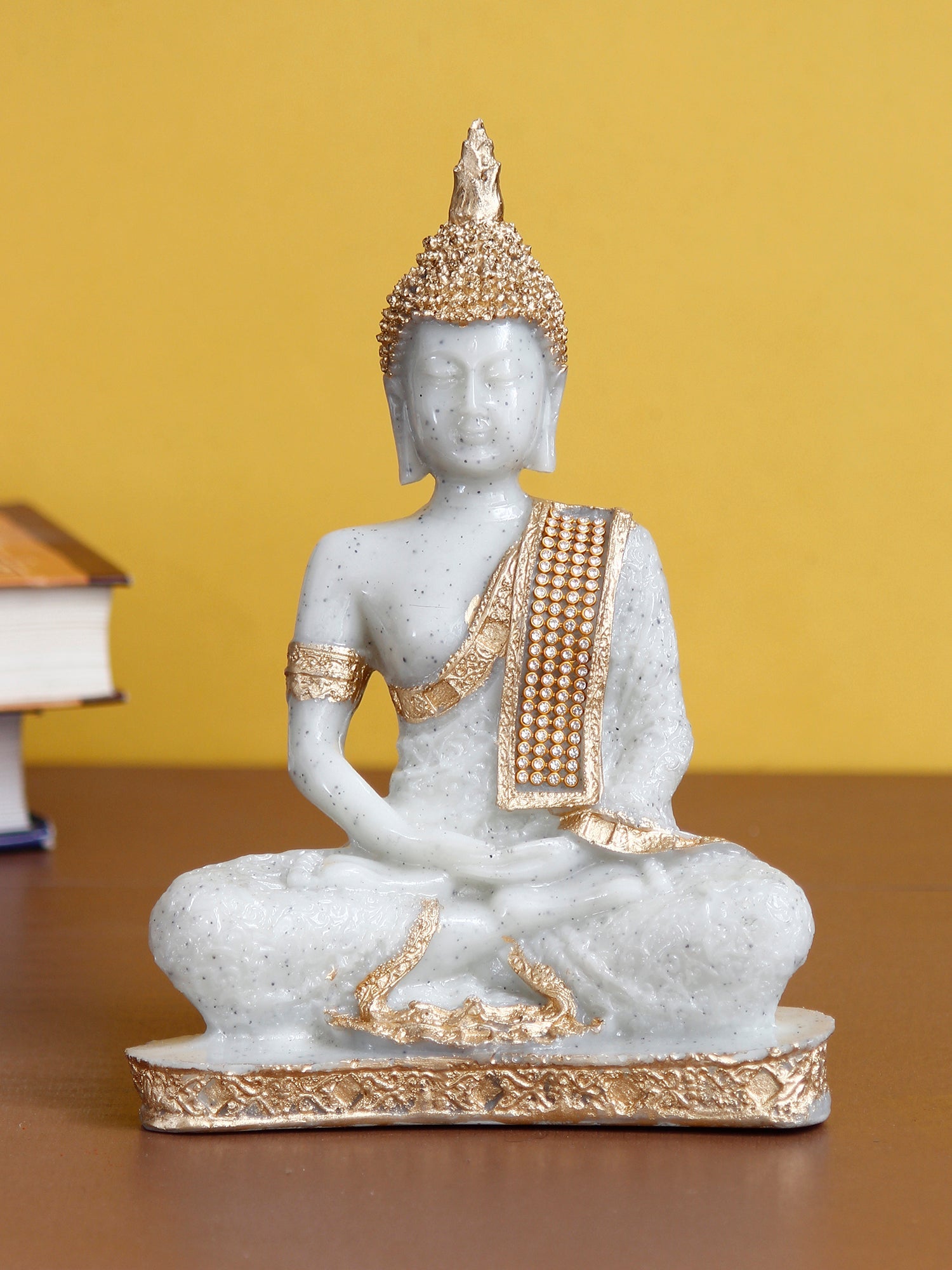 Polyresin Dotted White and Golden Handcrafted Decorative Meditating Buddha Statue Kafalo