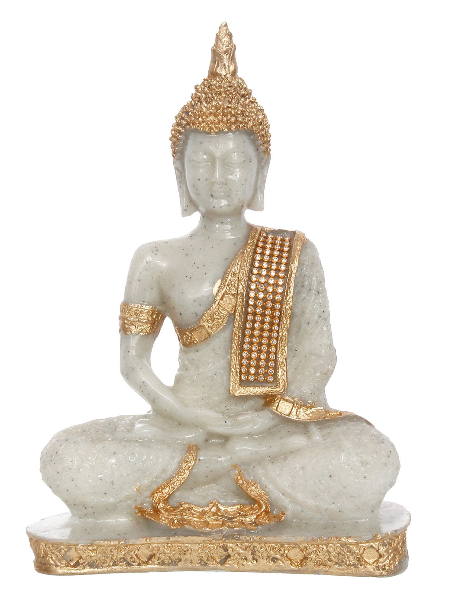 Polyresin Dotted White and Golden Handcrafted Decorative Meditating Buddha Statue Kafalo