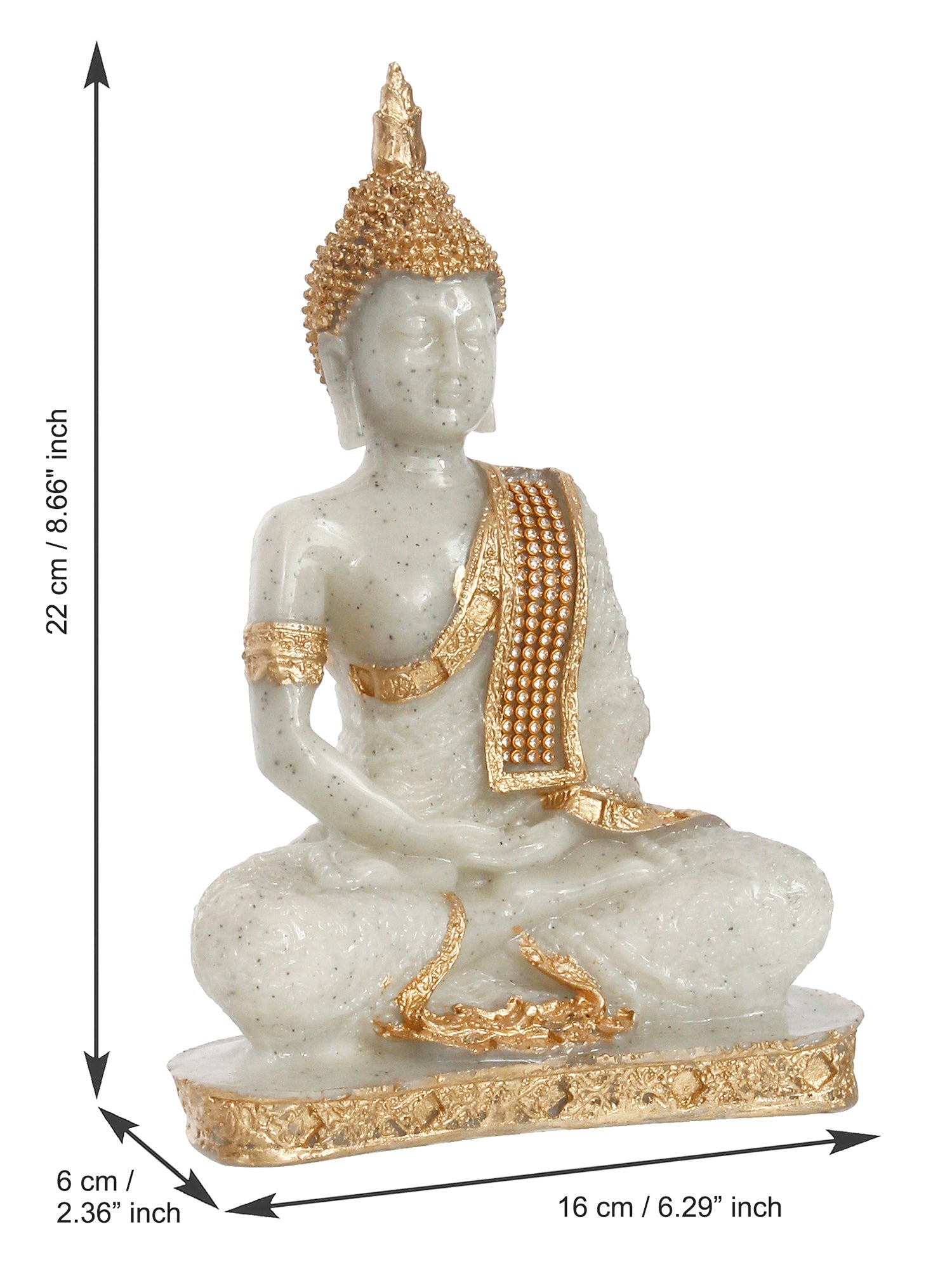 Polyresin Dotted White and Golden Handcrafted Decorative Meditating Buddha Statue Kafalo