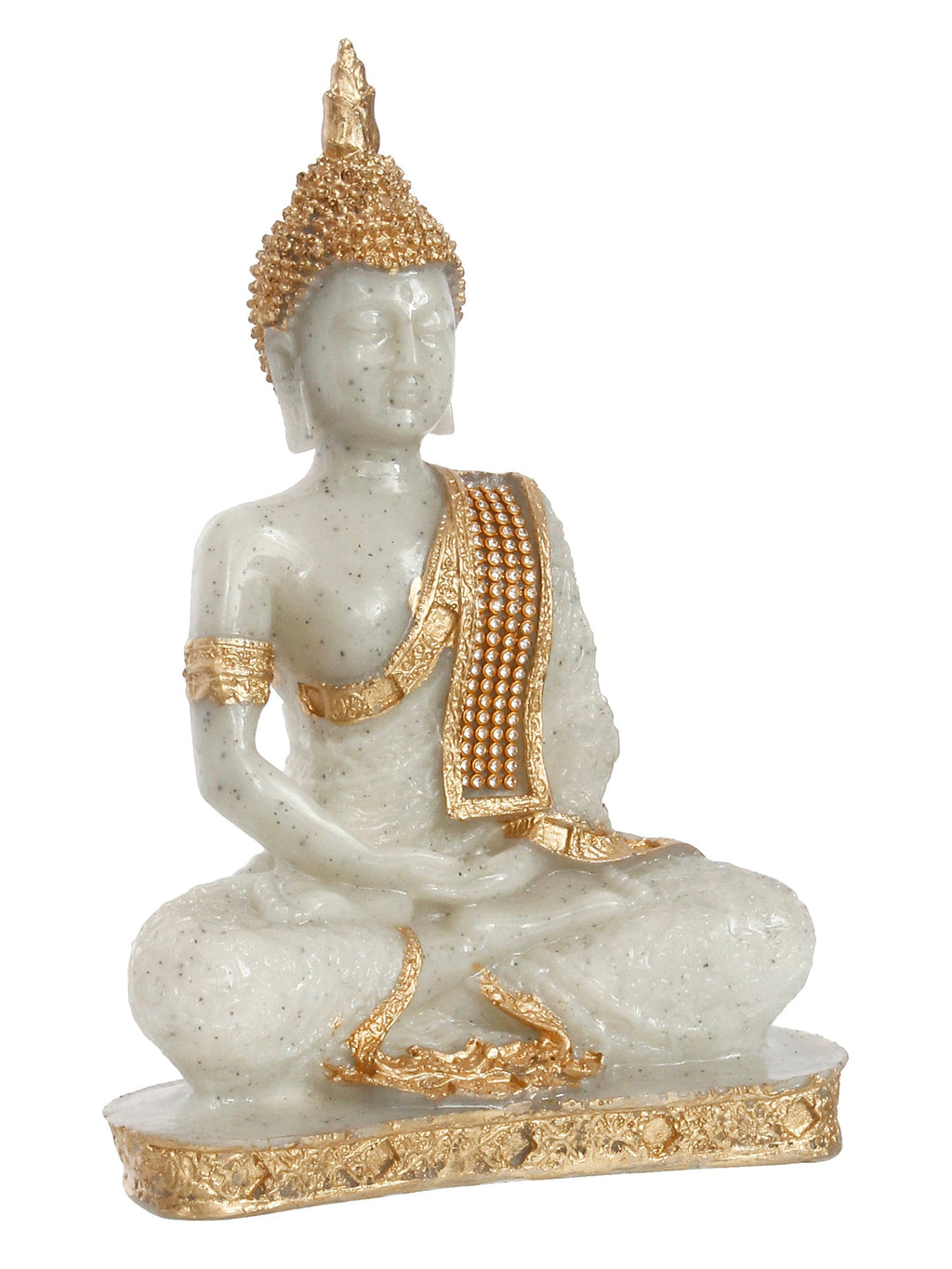 Polyresin Dotted White and Golden Handcrafted Decorative Meditating Buddha Statue Kafalo
