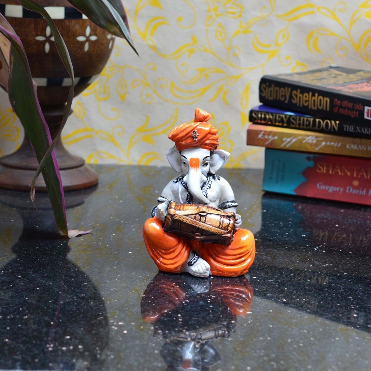 Orange Polyresin Lord Ganesha playing Dholak Idol Kafalo