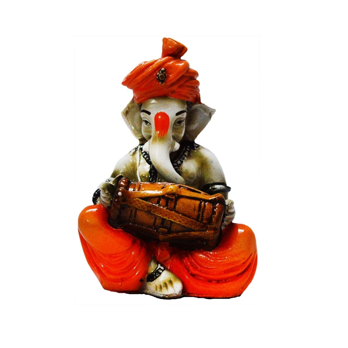 Orange Polyresin Lord Ganesha playing Dholak Idol Kafalo