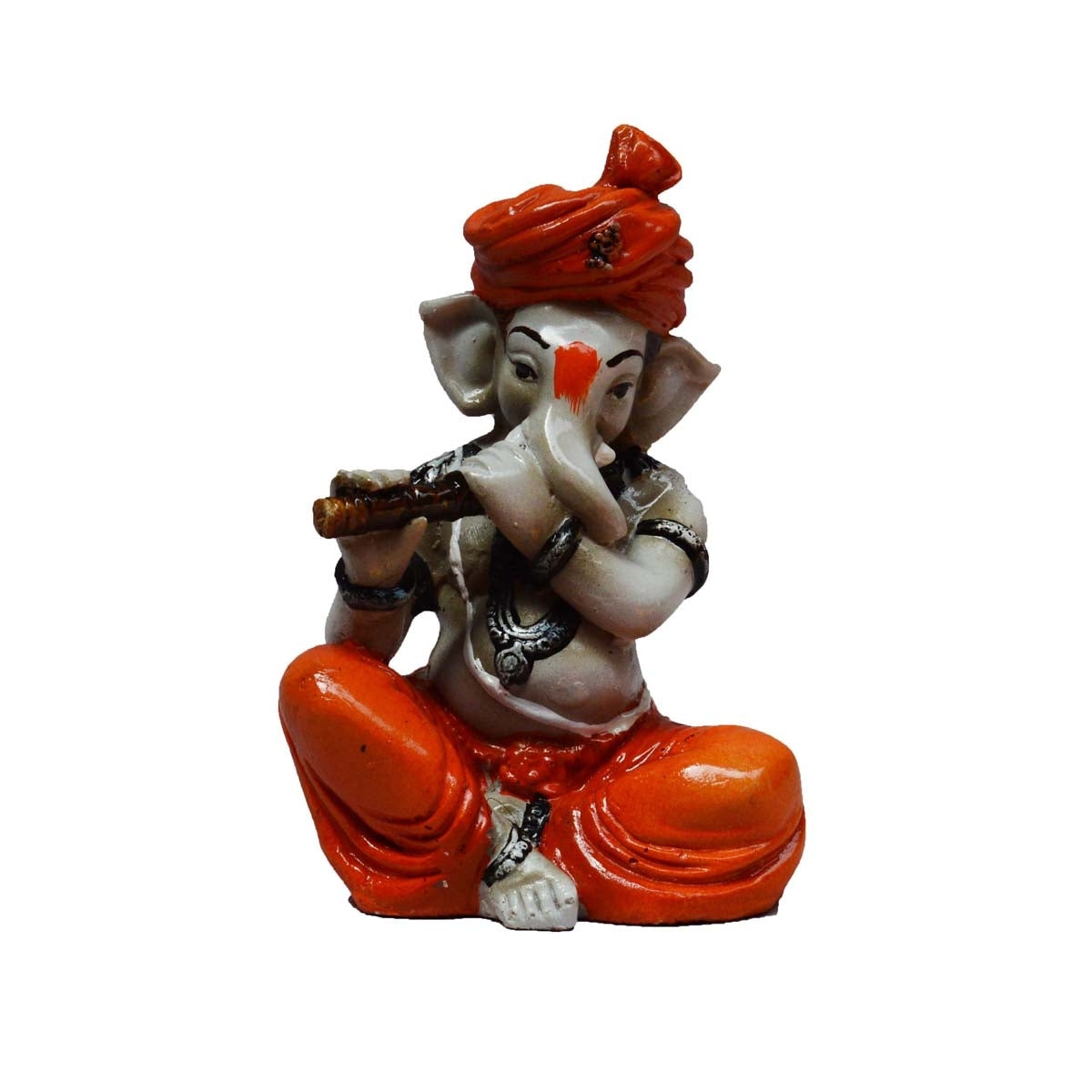 Orange Polyresin Lord Ganesha Playing Flute Idol Kafalo