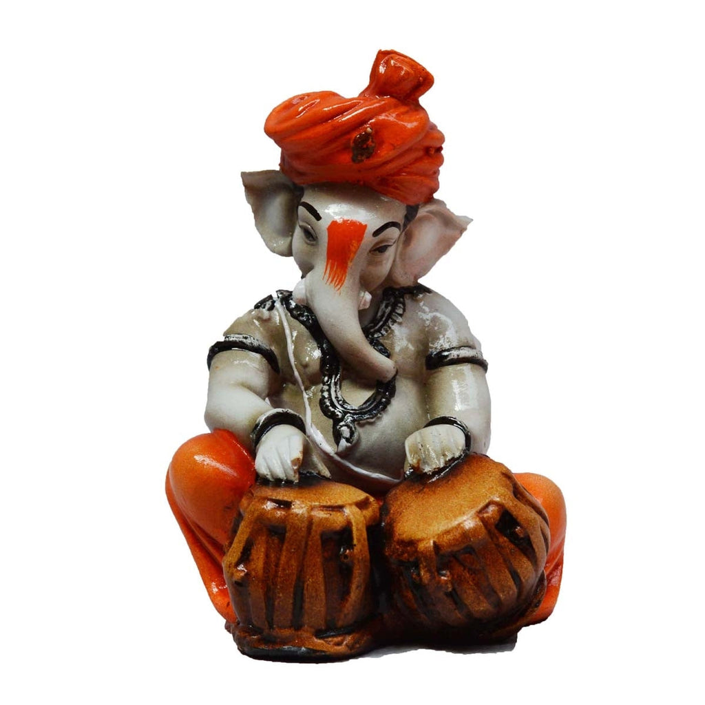 Orange Polyresin Lord Ganesha Playing Tabla Idol Kafalo