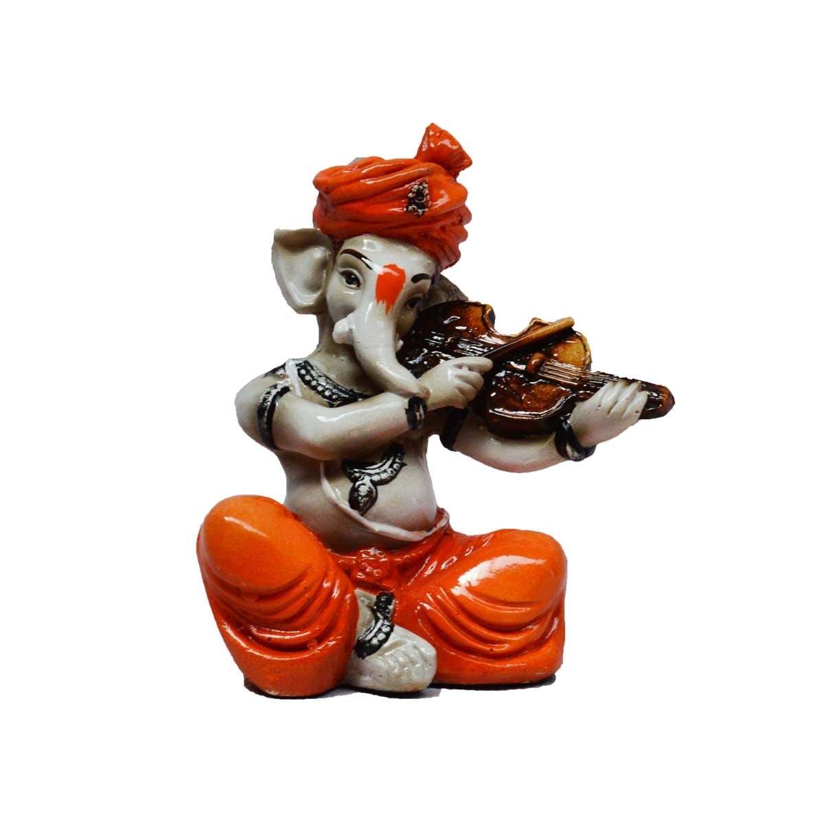 Orange Polyresin Lord Ganesha playing Violin Idol Kafalo