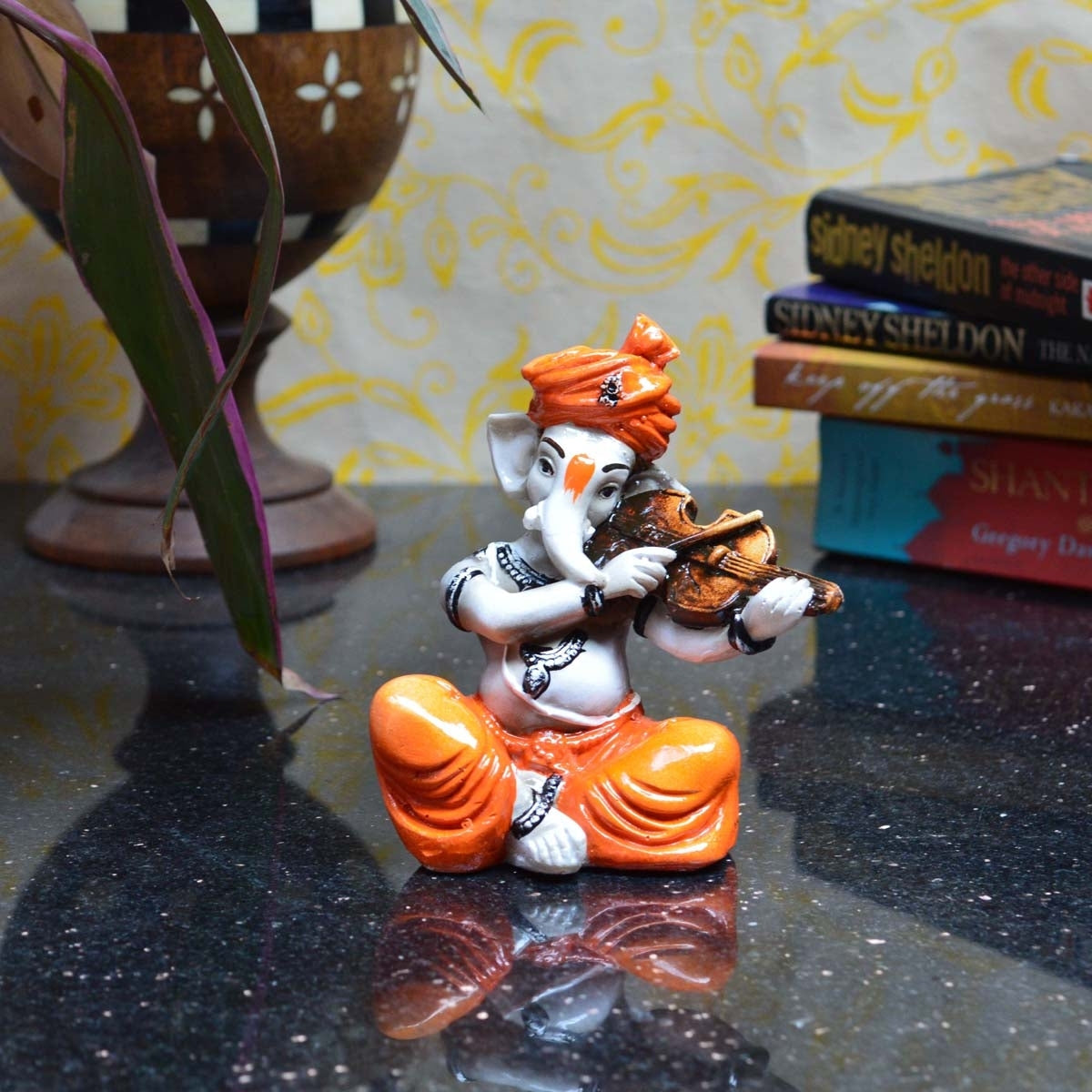Orange Polyresin Lord Ganesha playing Violin Idol Kafalo