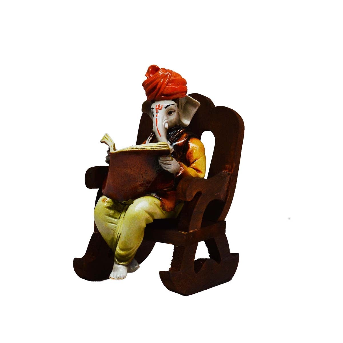 Orange Polyresin Lord Ganesha Idol reading Book on Wooden Chair Kafalo