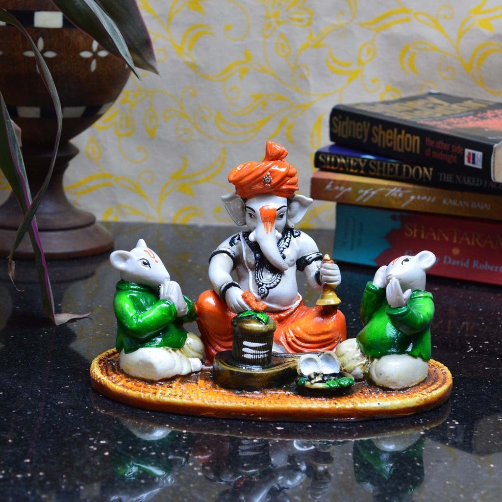 Lord Ganesha Idol Performing Shiva Pooja with 2 Rats (Green and Orange) Kafalo