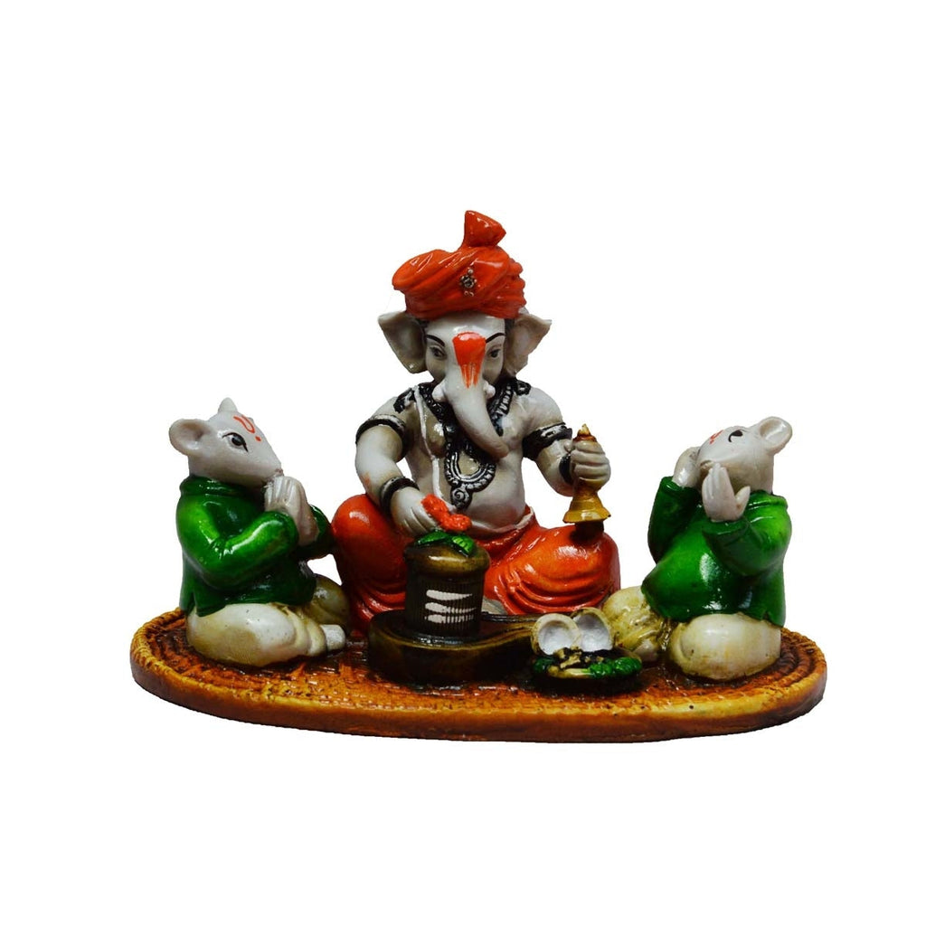 Lord Ganesha Idol Performing Shiva Pooja with 2 Rats (Green and Orange) Kafalo
