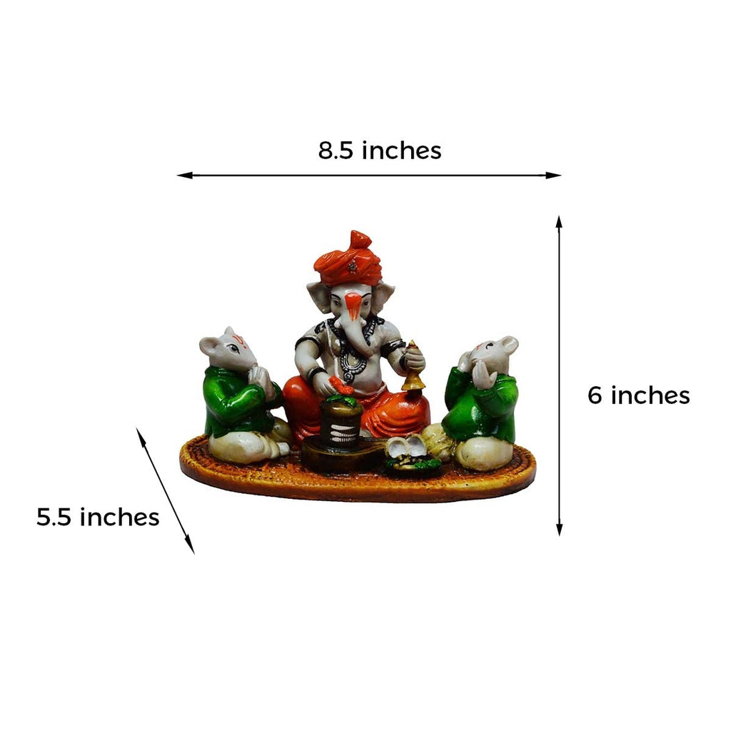 Lord Ganesha Idol Performing Shiva Pooja with 2 Rats (Green and Orange) Kafalo
