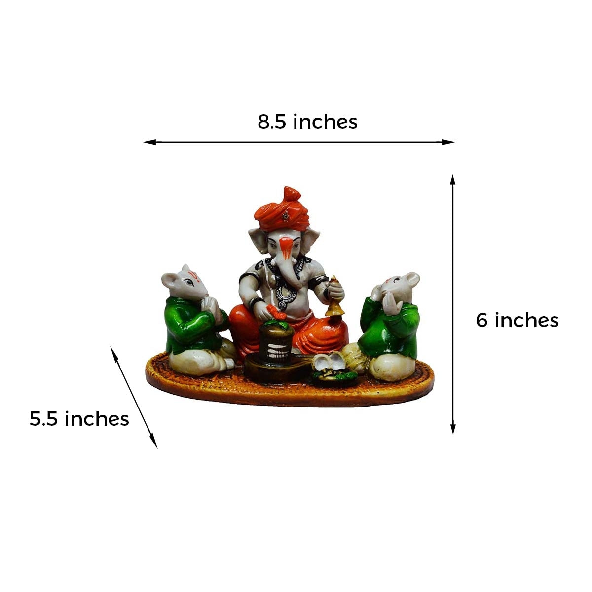 Lord Ganesha Idol Performing Shiva Pooja with 2 Rats (Green and Orange) Kafalo