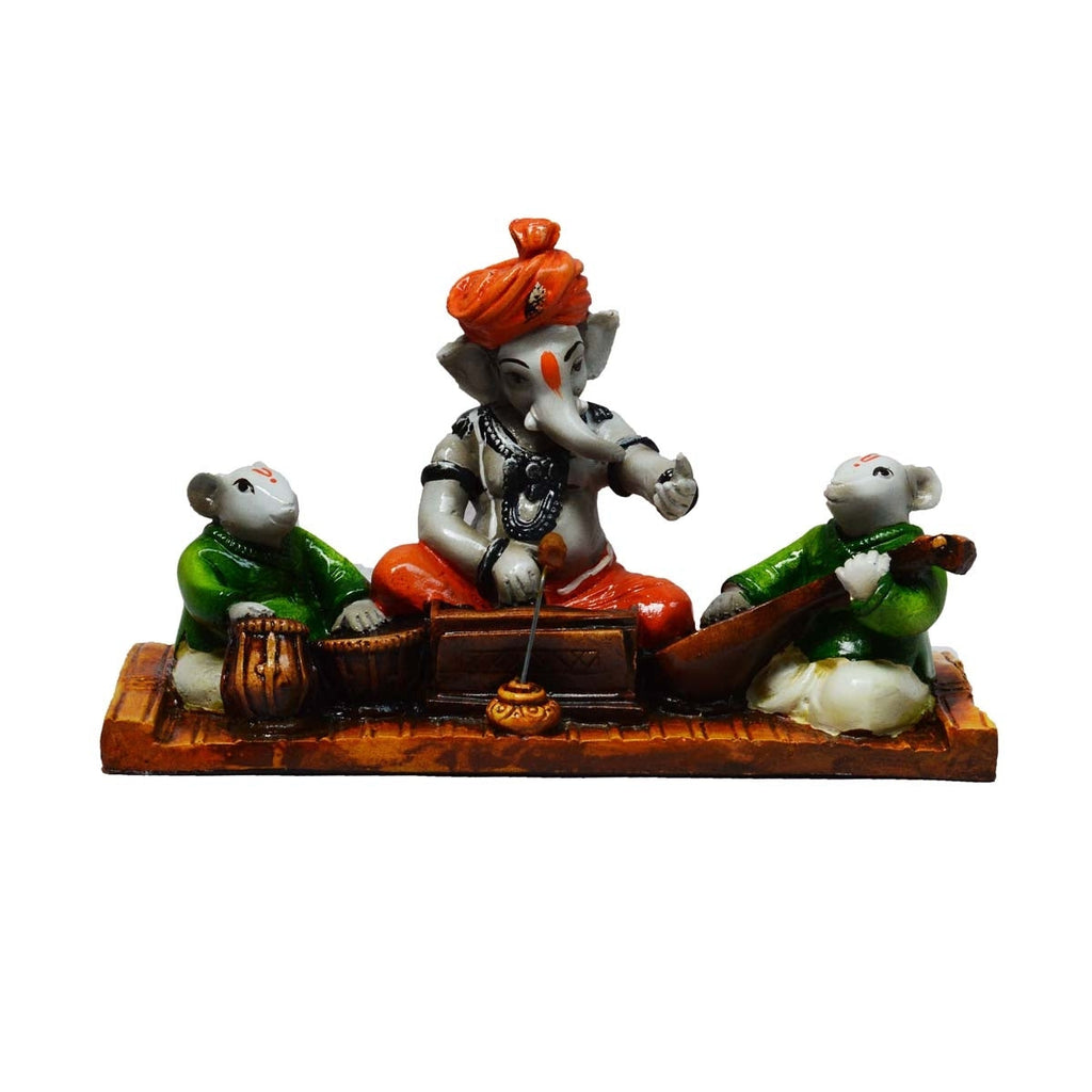 Lord Ganesha Idol Playing Harmonium And 2 Rats Animal Figurines Playing Table And Guitar Decorative Showpiece Kafalo