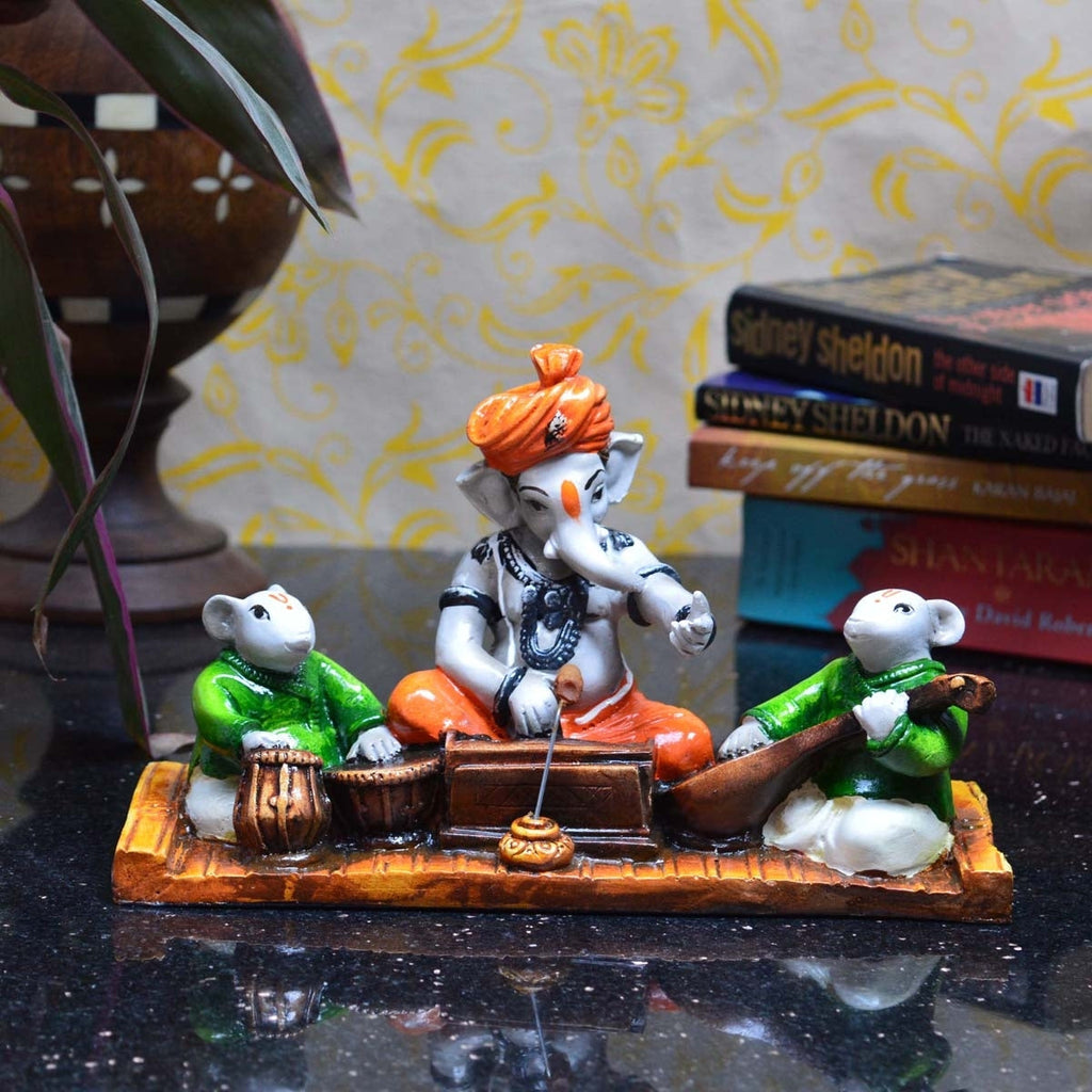 Lord Ganesha Idol Playing Harmonium And 2 Rats Animal Figurines Playing Table And Guitar Decorative Showpiece Kafalo