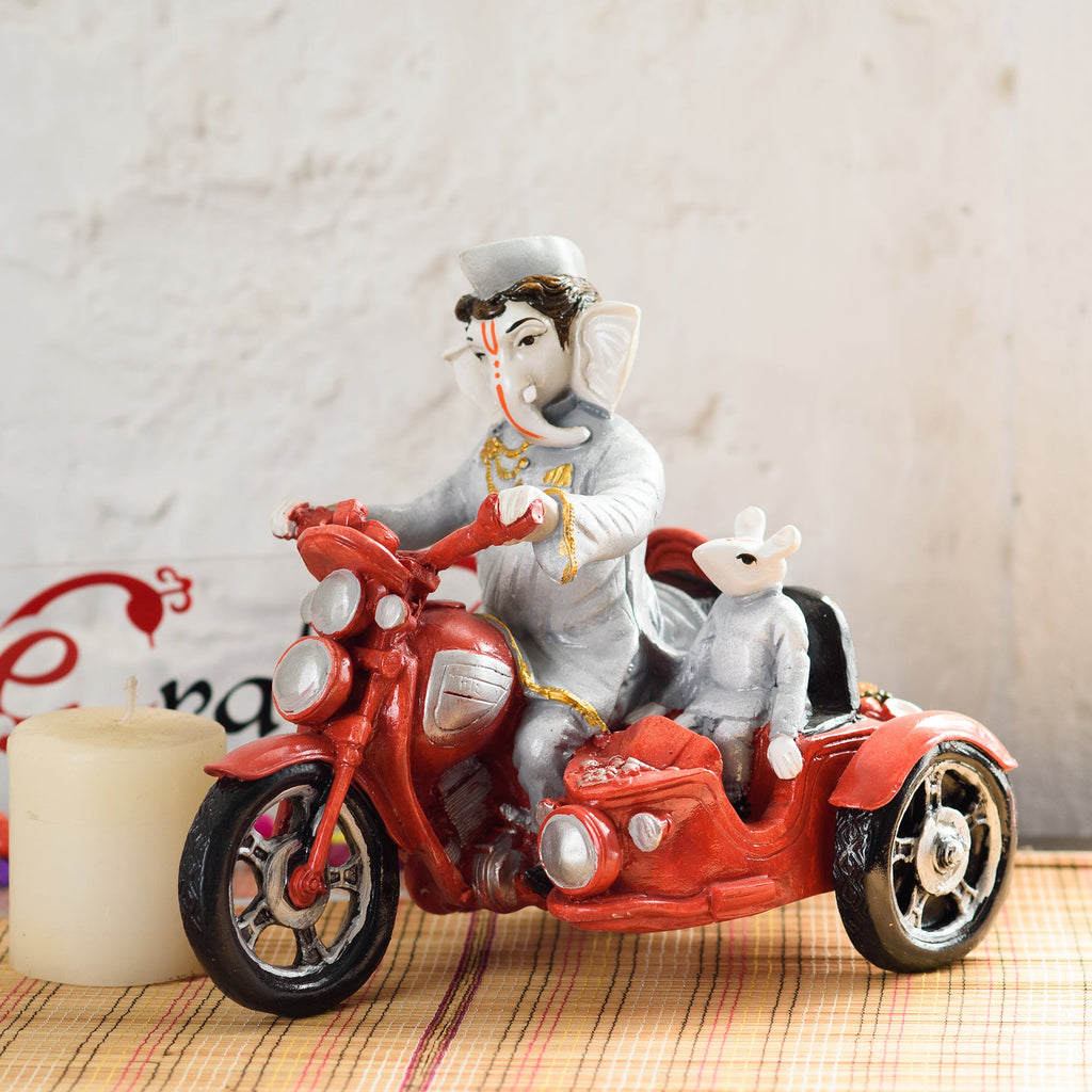 Polyresin Lord Ganesha Idol Riding a Scooter with Mouse Kafalo