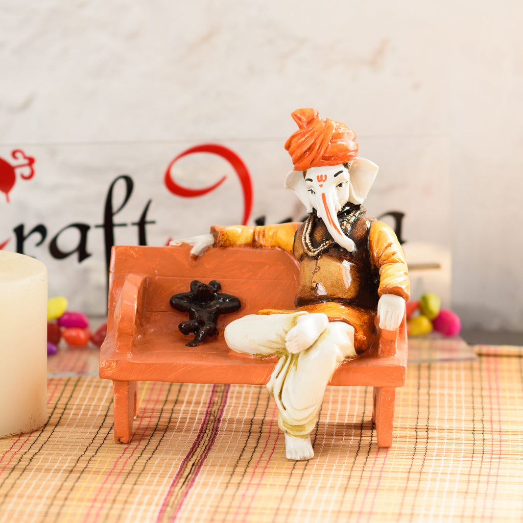 Polyresin Lord Ganesha Statue Sitting with mouse on Bench Kafalo