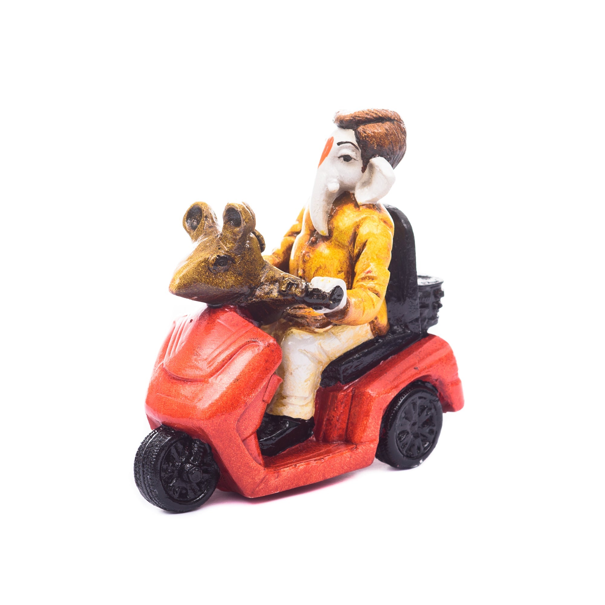 Polyresin Lord Ganesha Idol riding Scooter (Red and Yellow) Kafalo