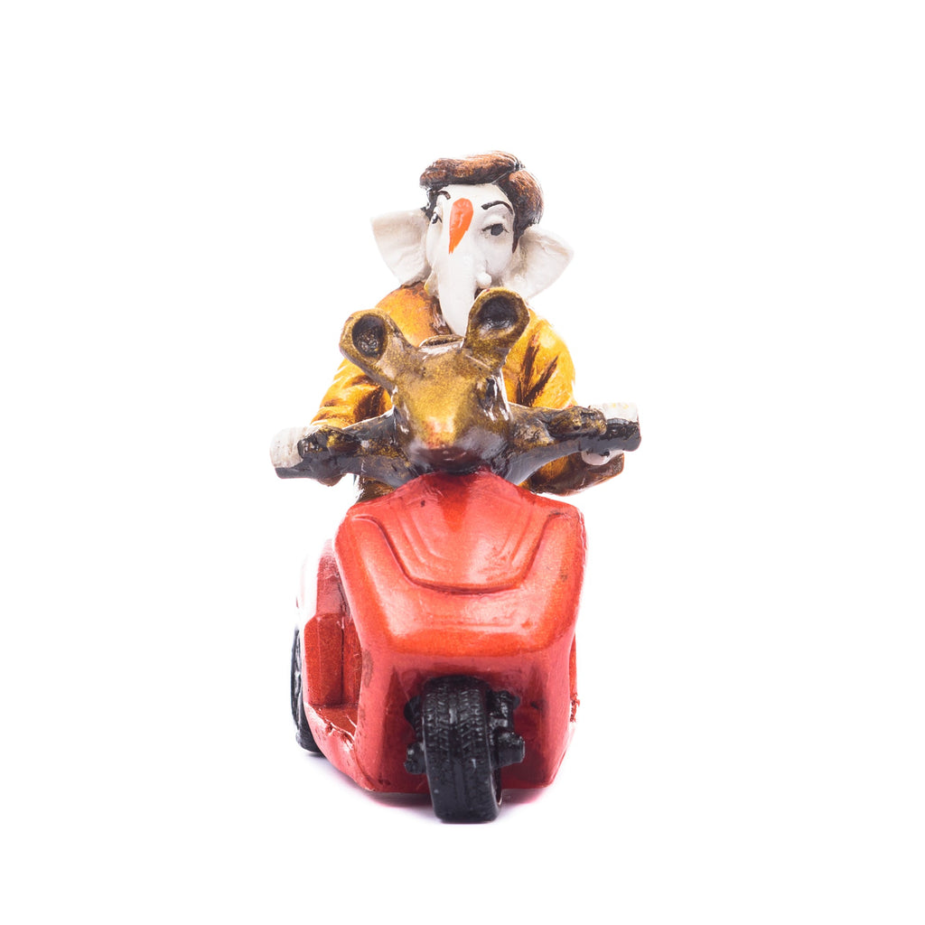 Polyresin Lord Ganesha Idol riding Scooter (Red and Yellow) Kafalo