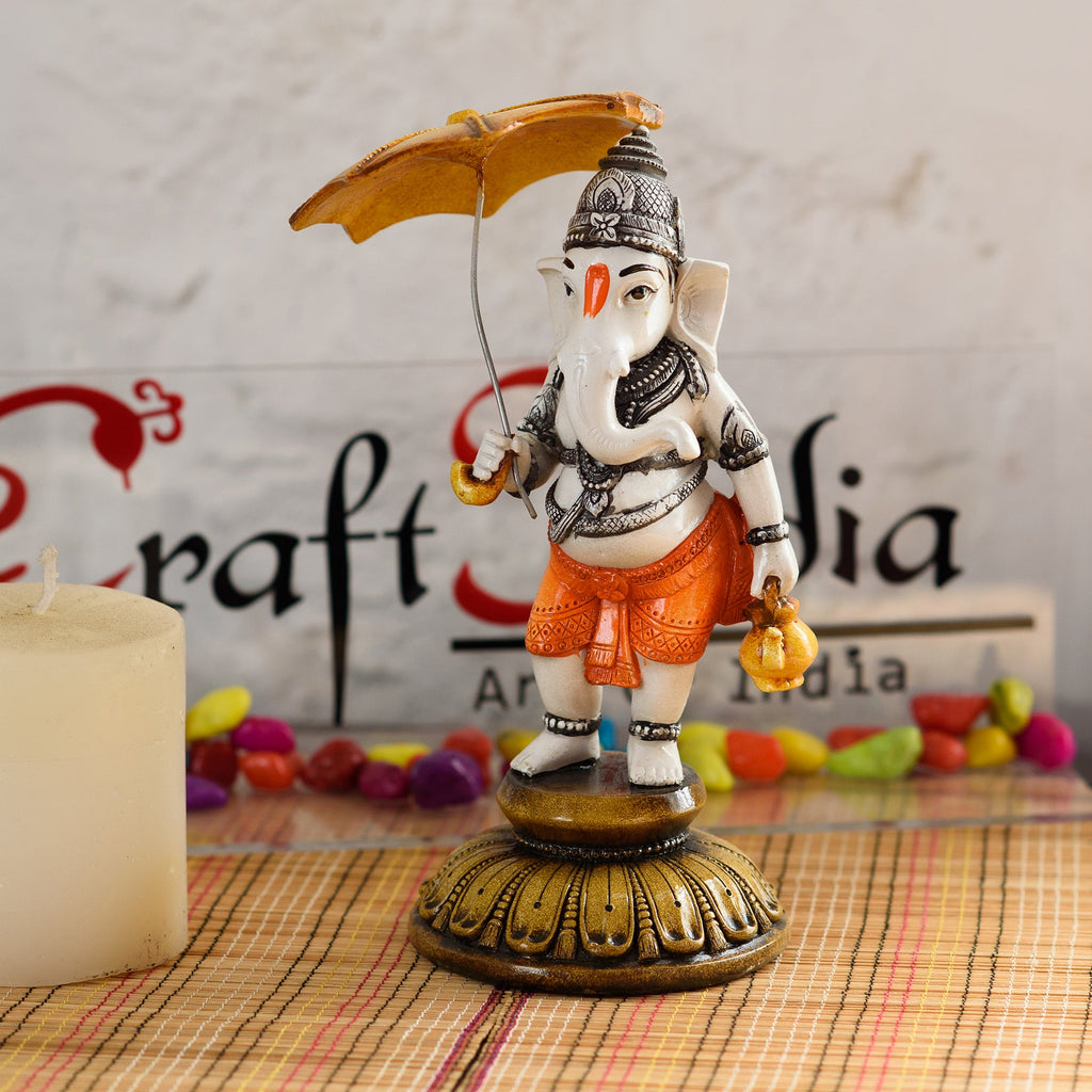 Handcrafted Polyresin Standing Lord Ganesha Idol Holding Umbrella Kafalo