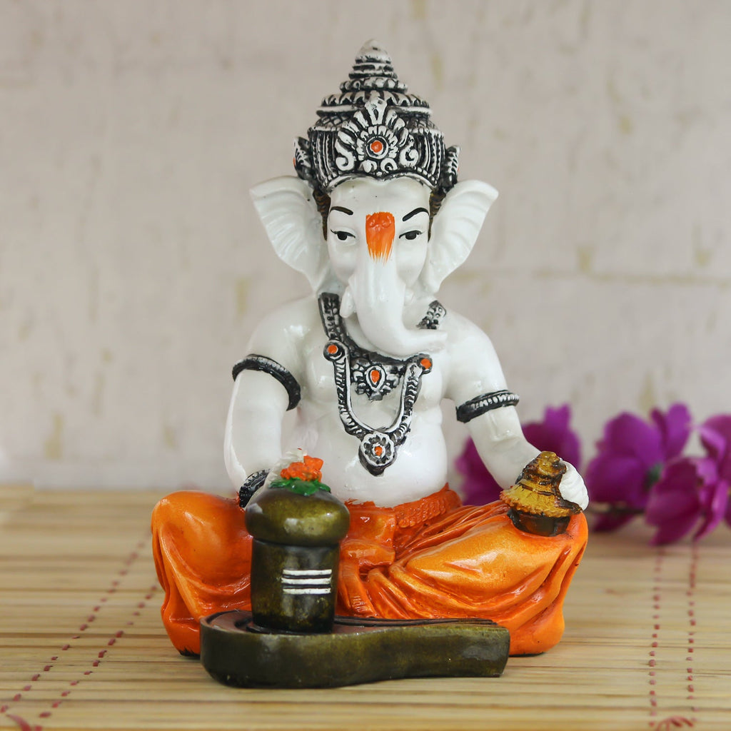Orange Polyresin Lord Ganesha Murti performing Lord Shiv Pooja Kafalo