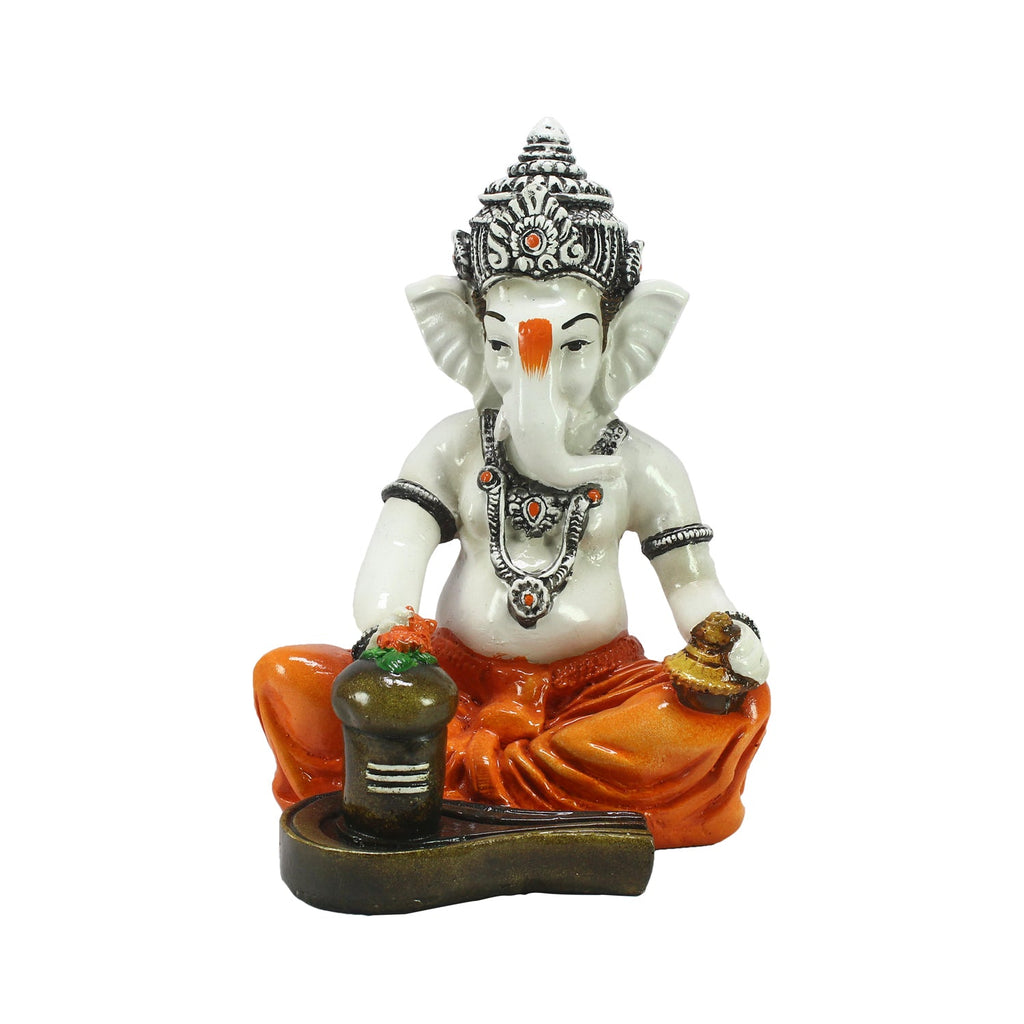 Orange Polyresin Lord Ganesha Murti performing Lord Shiv Pooja Kafalo