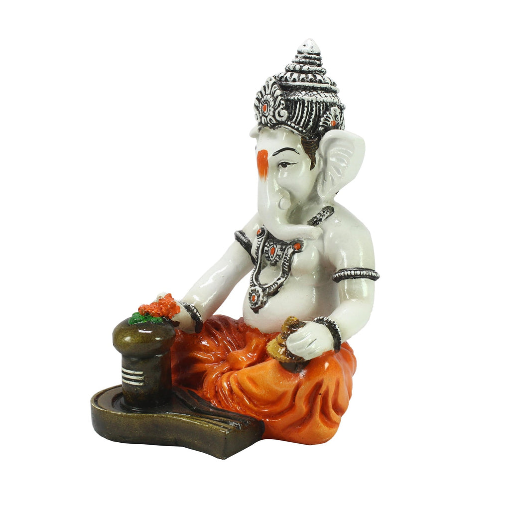Orange Polyresin Lord Ganesha Murti performing Lord Shiv Pooja Kafalo